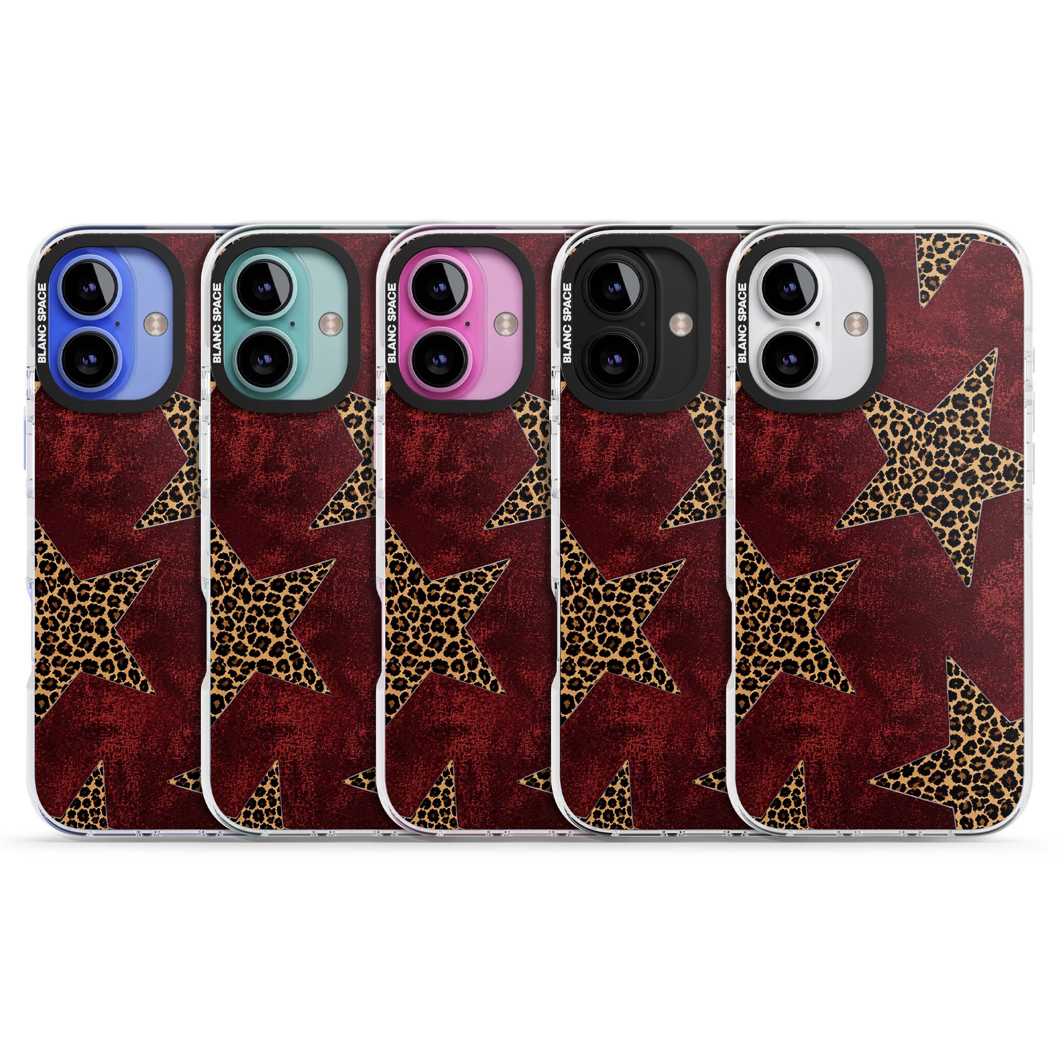 Showgirl leopard print iPhone case featuring cheetah print stars on distressed red grunge background | Clear Impact case for iPhone 16, iPhone 16 Plus