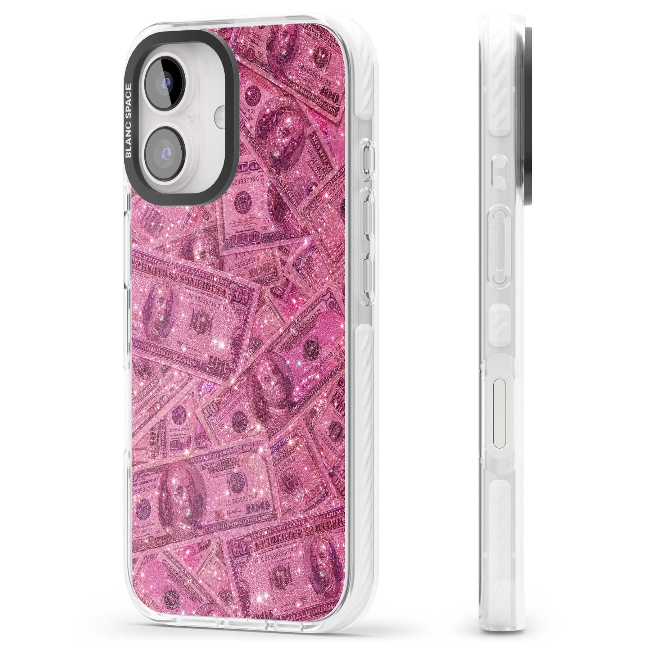Glamorous baddie iPhone case featuring pink glitter hundred dollar bills and sparkling money wallpaper design | Clear Impact case for iPhone 16, iPhone 16 Plus