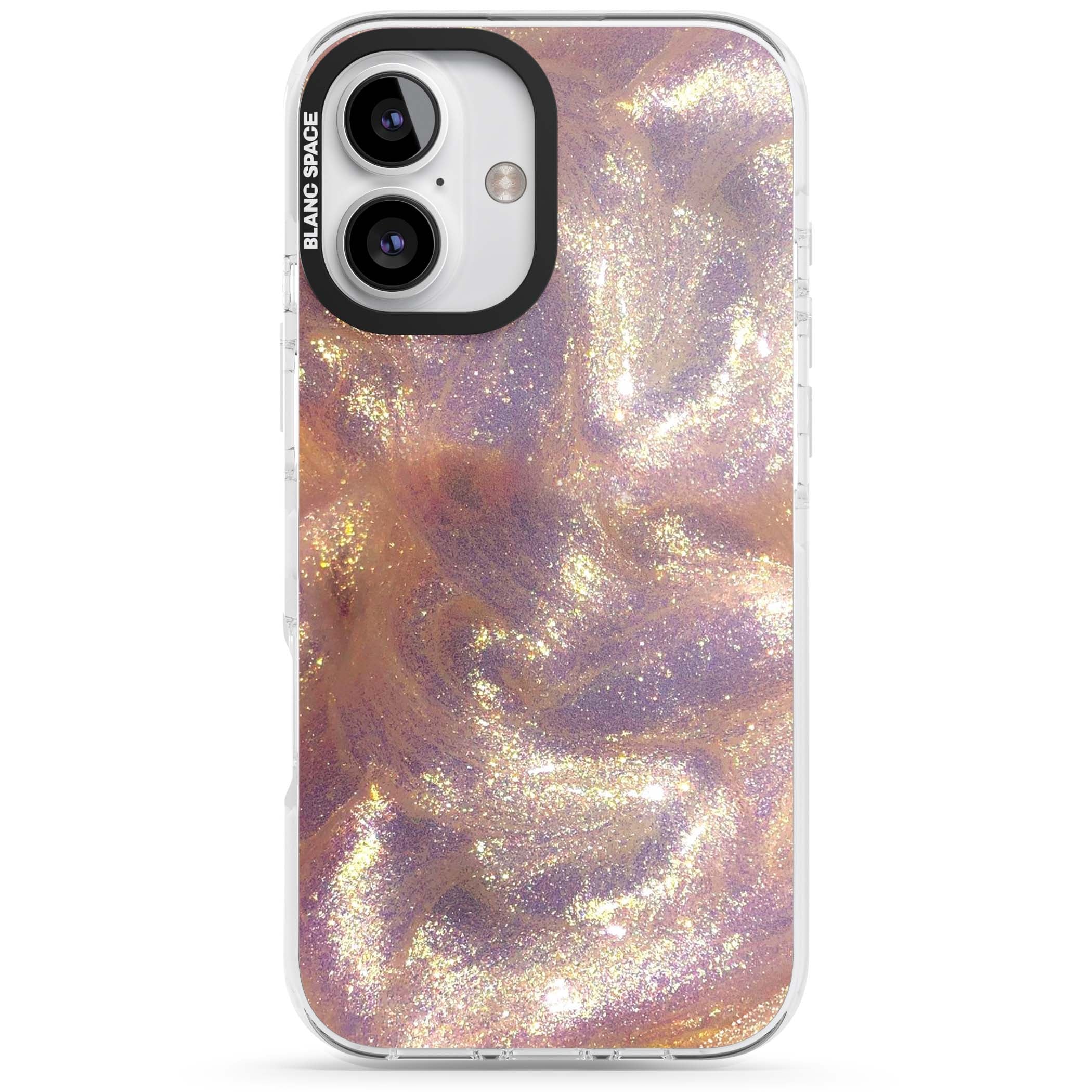 Shimmer marble iPhone case featuring rose gold glitter swirls, lilac shimmer and iridescent pearl finish | Clear Impact case for iPhone 16, iPhone 16 Plus