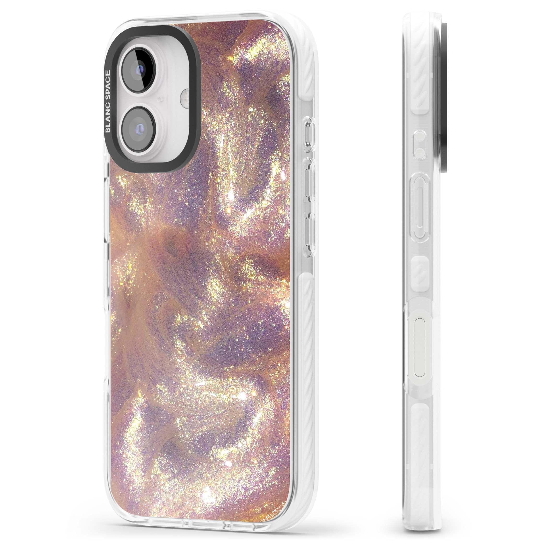 Shimmer marble iPhone case featuring rose gold glitter swirls, lilac shimmer and iridescent pearl finish | Clear Impact case for iPhone 16, iPhone 16 Plus