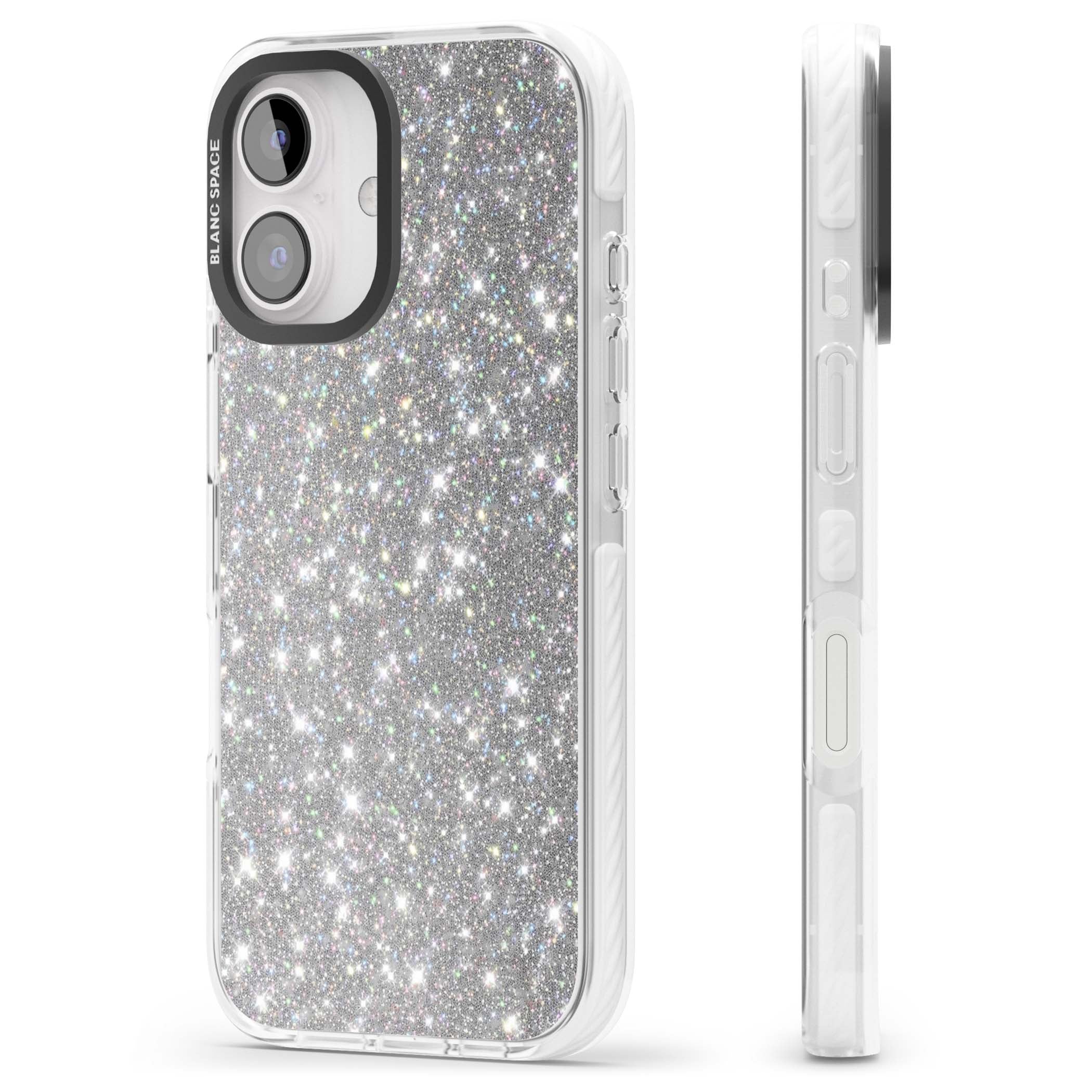 Diamond glam iPhone case featuring silver glitter sparkle and shimmering diamond dust effect | Clear Impact case for iPhone 16, iPhone 16 Plus