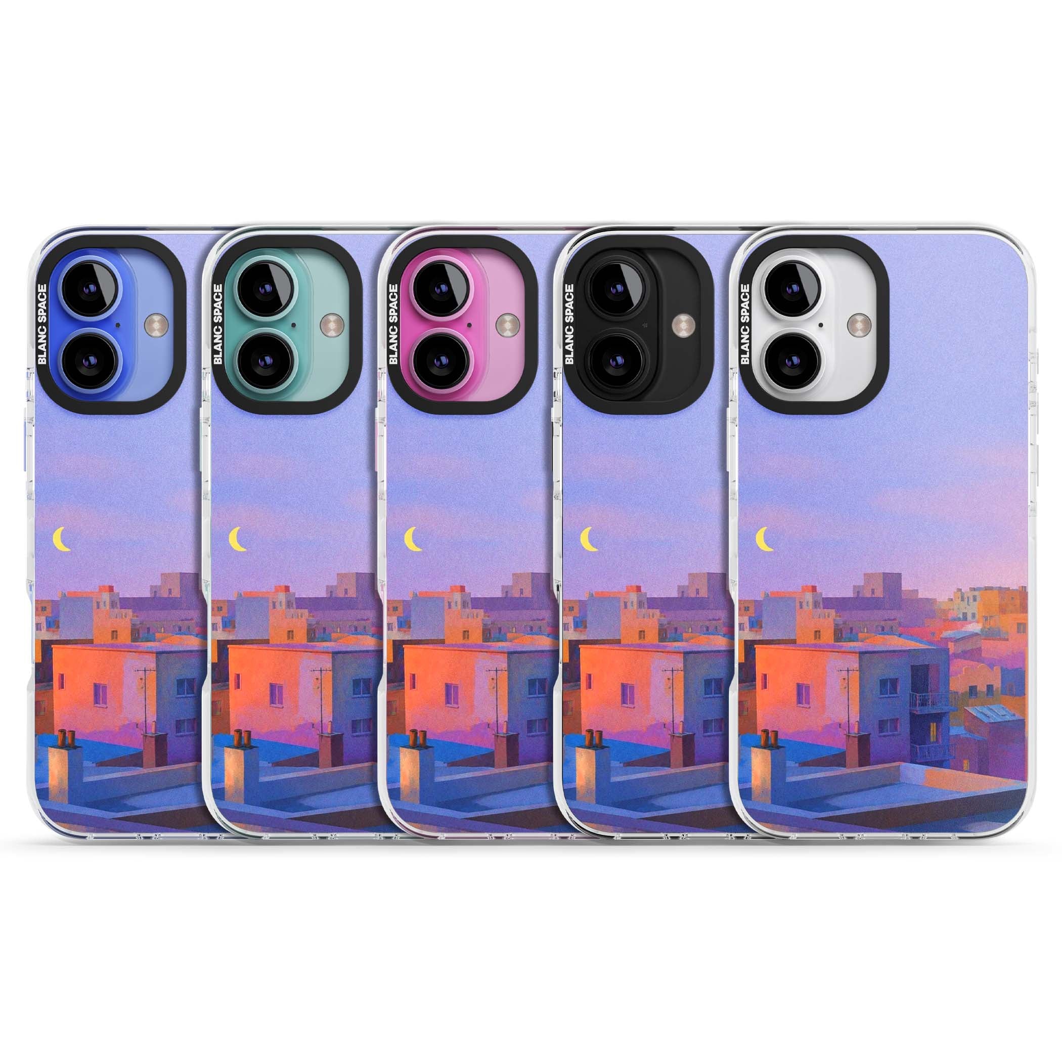 Twilight Rooftops vaporwave iPhone case featuring a pastel sunset cityscape, painted rooftops and a crescent moon. | Clear Impact case for iPhone 16, iPhone 16 Plus