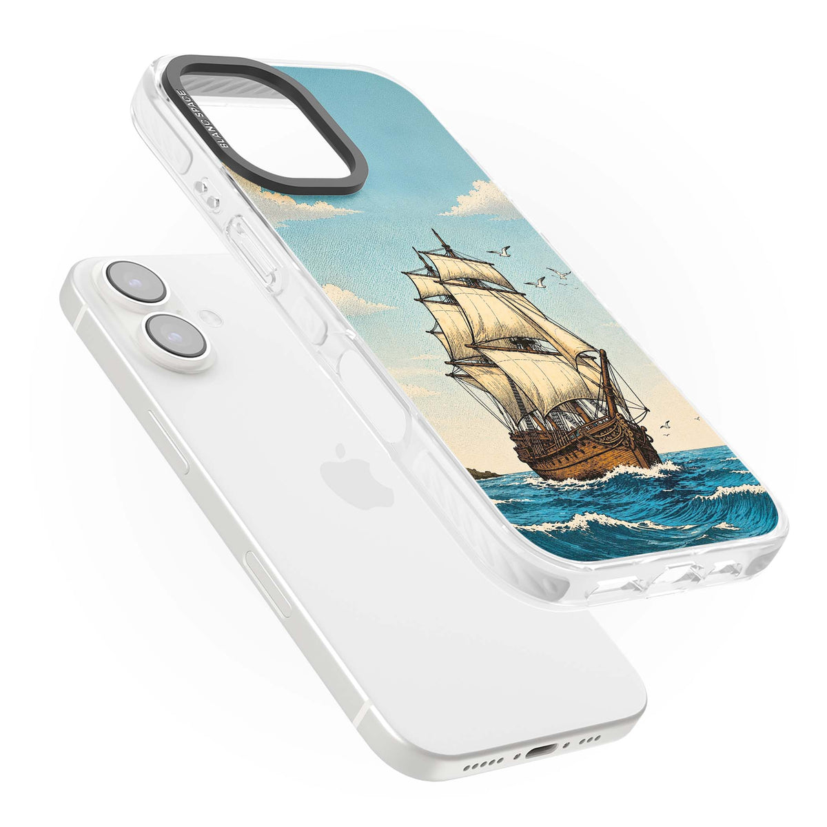 Ship at Sea nautical iPhone case featuring a vintage tall ship, ocean waves and seagulls | Clear Impact case for iPhone 16, iPhone 16 Plus