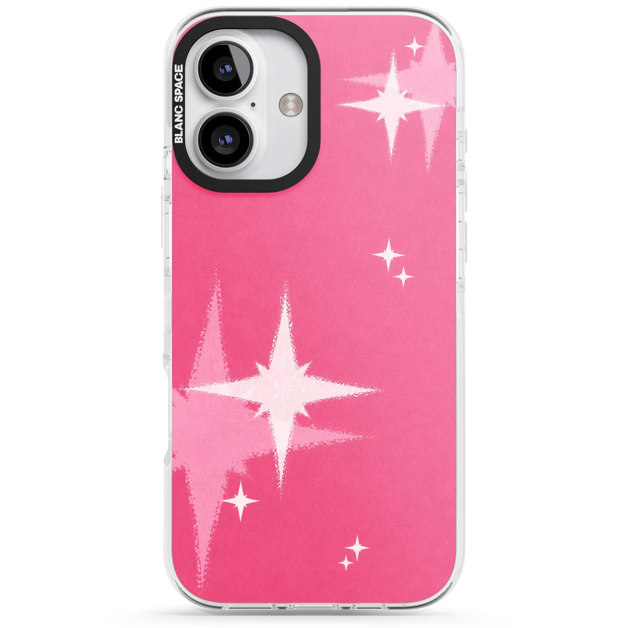 Pink Sparkle Y2K iPhone case featuring hot pink background with shimmering white starburst pattern | Clear Impact case for iPhone 16, iPhone 16 Plus