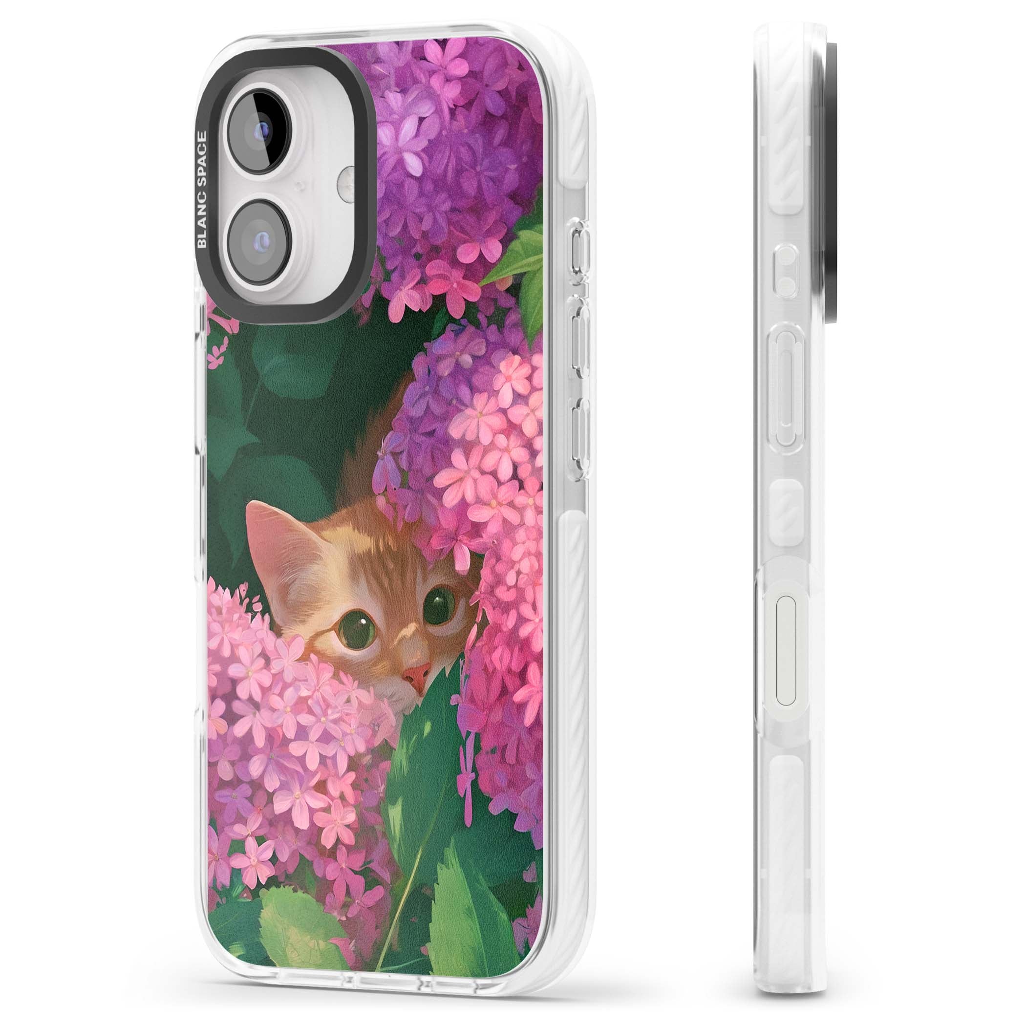 Cat In Pink Flowers cottagecore iPhone case featuring a ginger kitten peeking through lilac and pink hydrangea flo | Clear Impact case for iPhone 16, iPhone 16 Plus