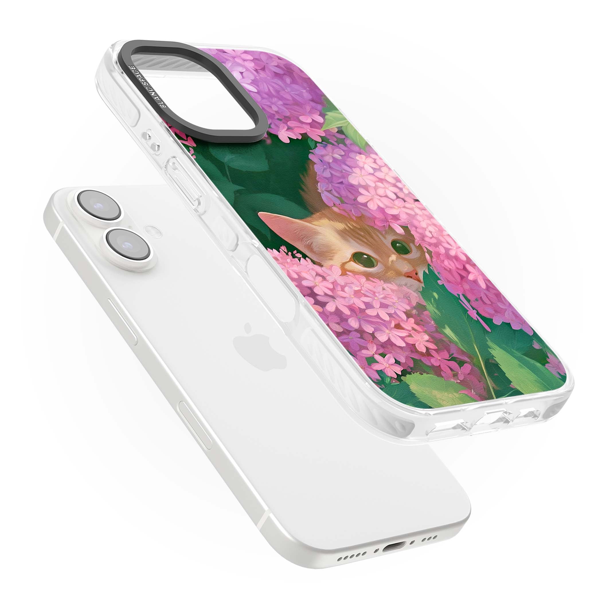 Cat In Pink Flowers cottagecore iPhone case featuring a ginger kitten peeking through lilac and pink hydrangea flo | Clear Impact case for iPhone 16, iPhone 16 Plus