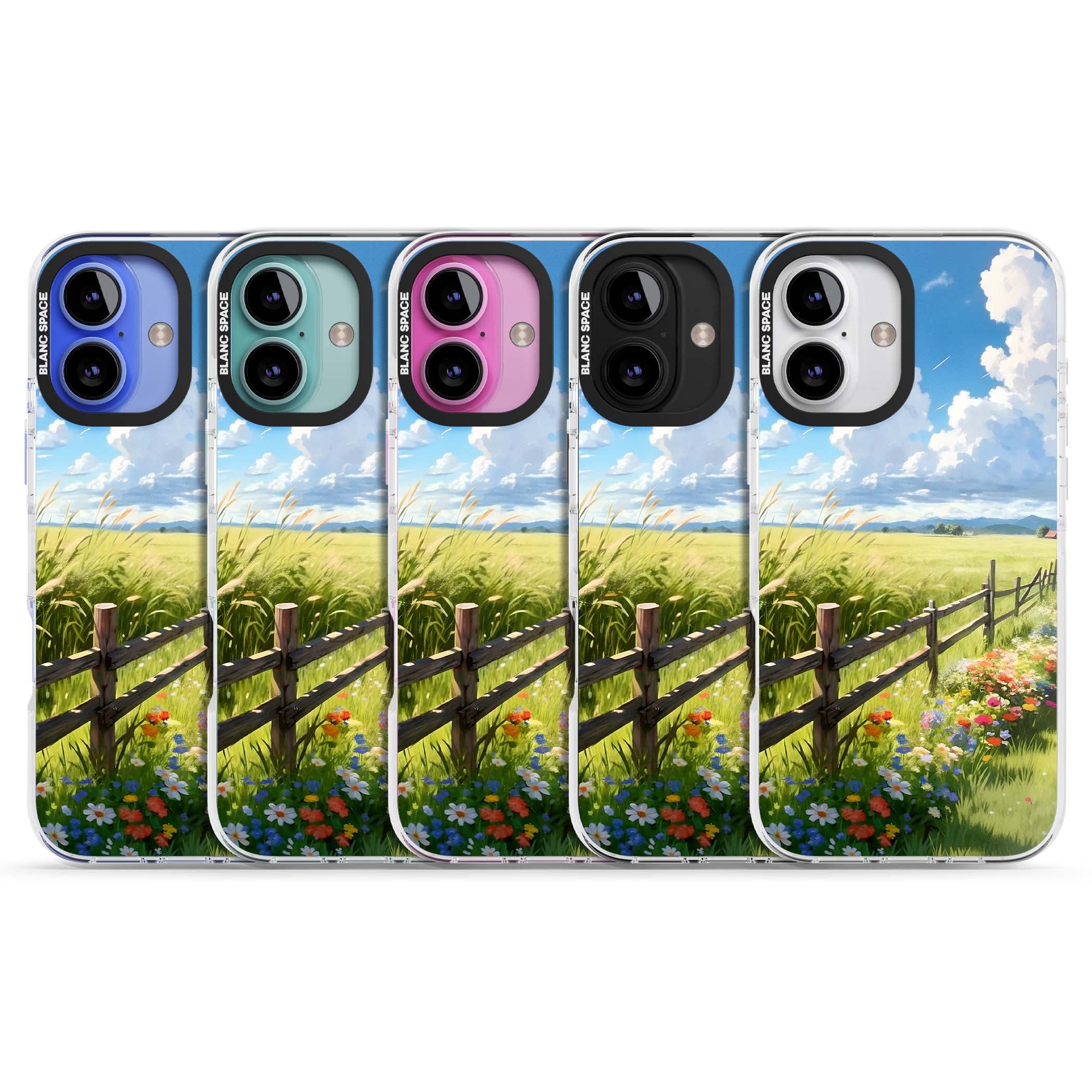 A Countryside Afternoon cottagecore iPhone case featuring a painted countryside meadow, wooden fence, and wildflowers beneath | Clear Impact case for iPhone 16, iPhone 16 Plus