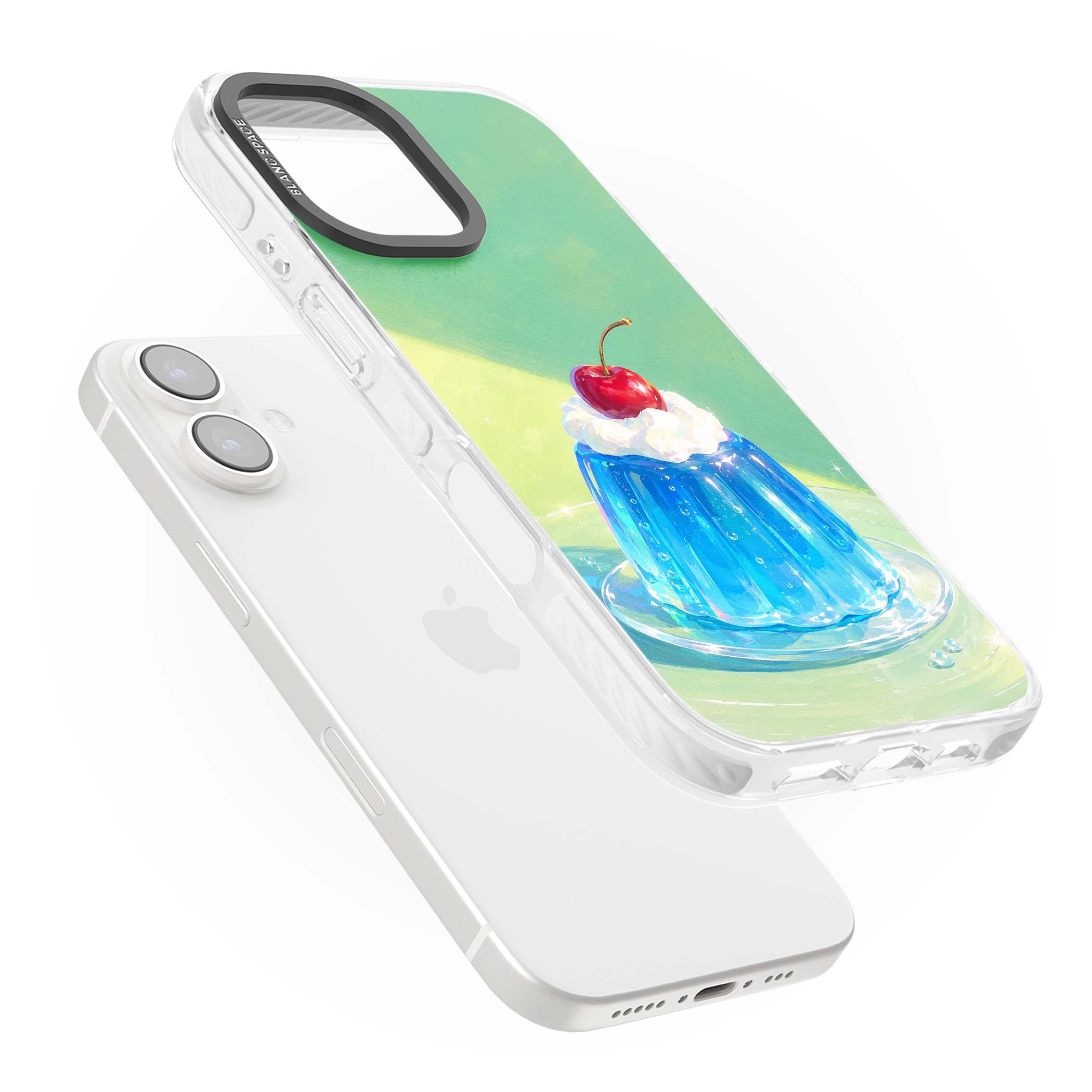 Cherry Jelly kawaii dessert iPhone case featuring blue jelly pudding, whipped cream and a red cherry | Clear Impact case for iPhone 16, iPhone 16 Plus