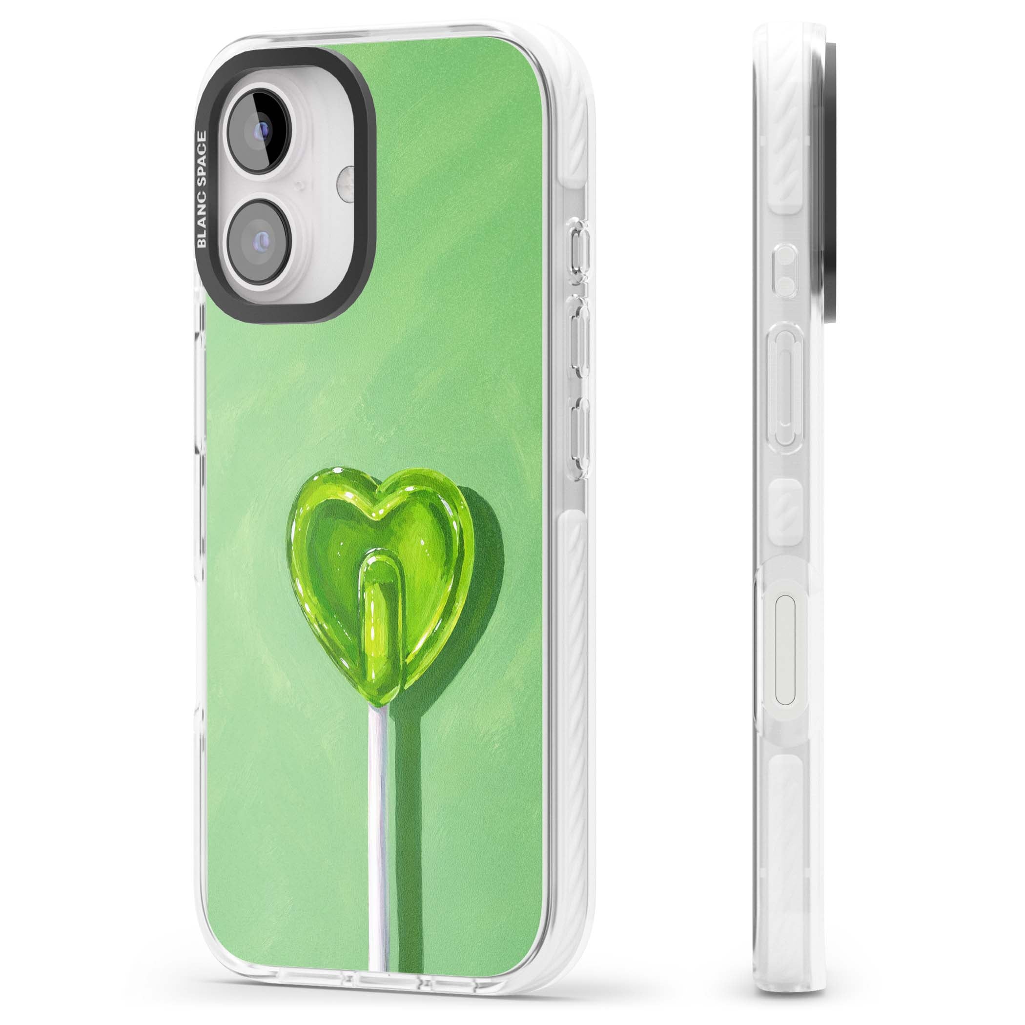 Green Lollipop candy art iPhone case featuring a glossy green heart-shaped lollipop on a painted pastel green background | Clear Impact case for iPhone 16, iPhone 16 Plus