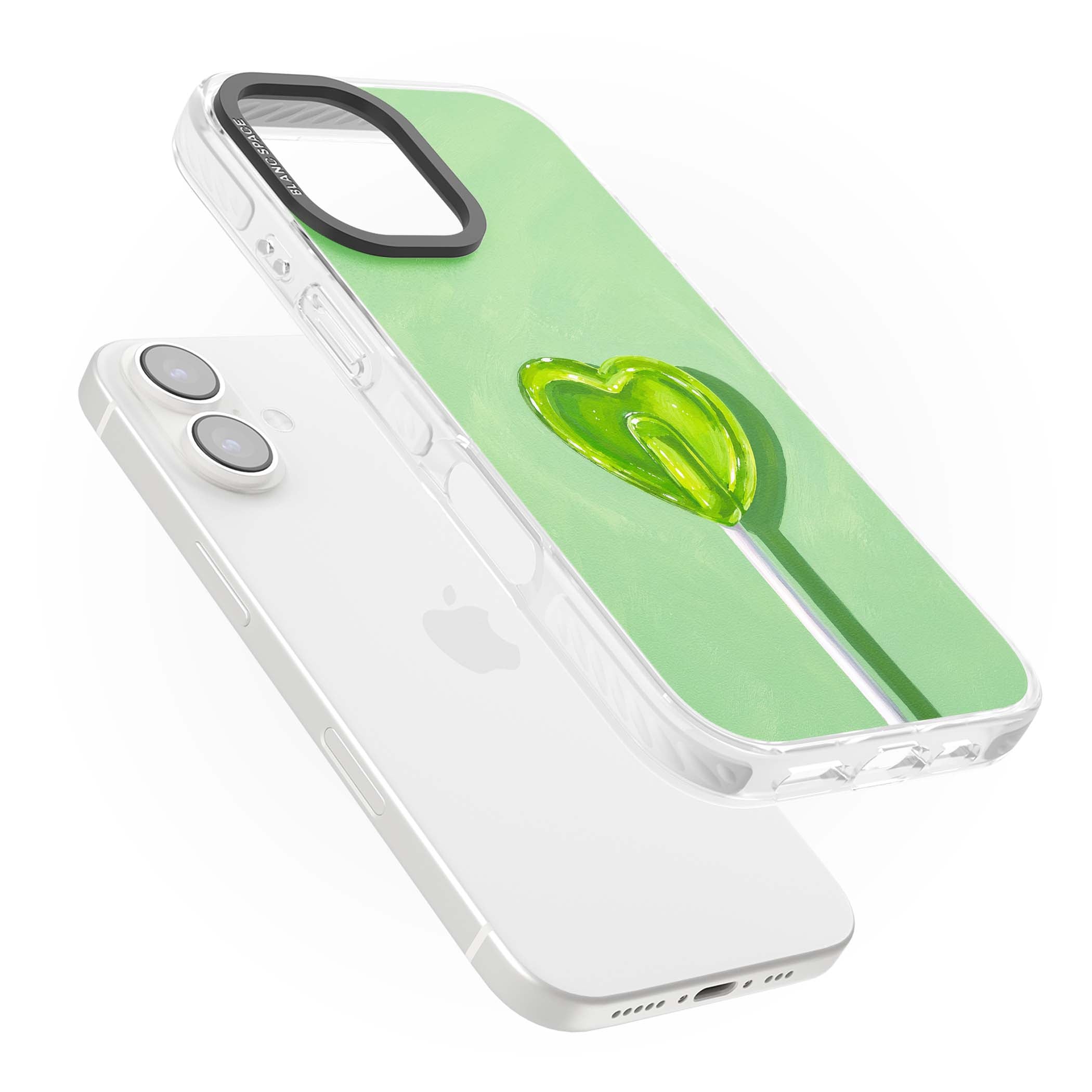 Green Lollipop candy art iPhone case featuring a glossy green heart-shaped lollipop on a painted pastel green background | Clear Impact case for iPhone 16, iPhone 16 Plus