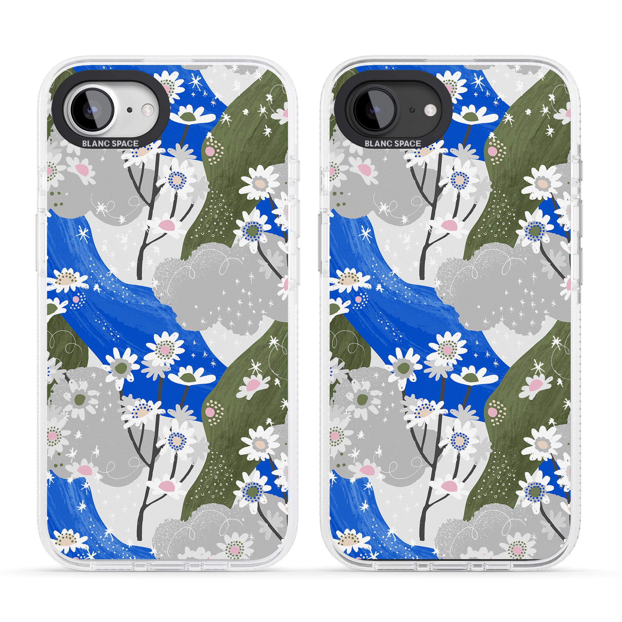 Blue & Grey Daisies Pattern iPhone 16e Clear Case Impact Air - Blanc Space