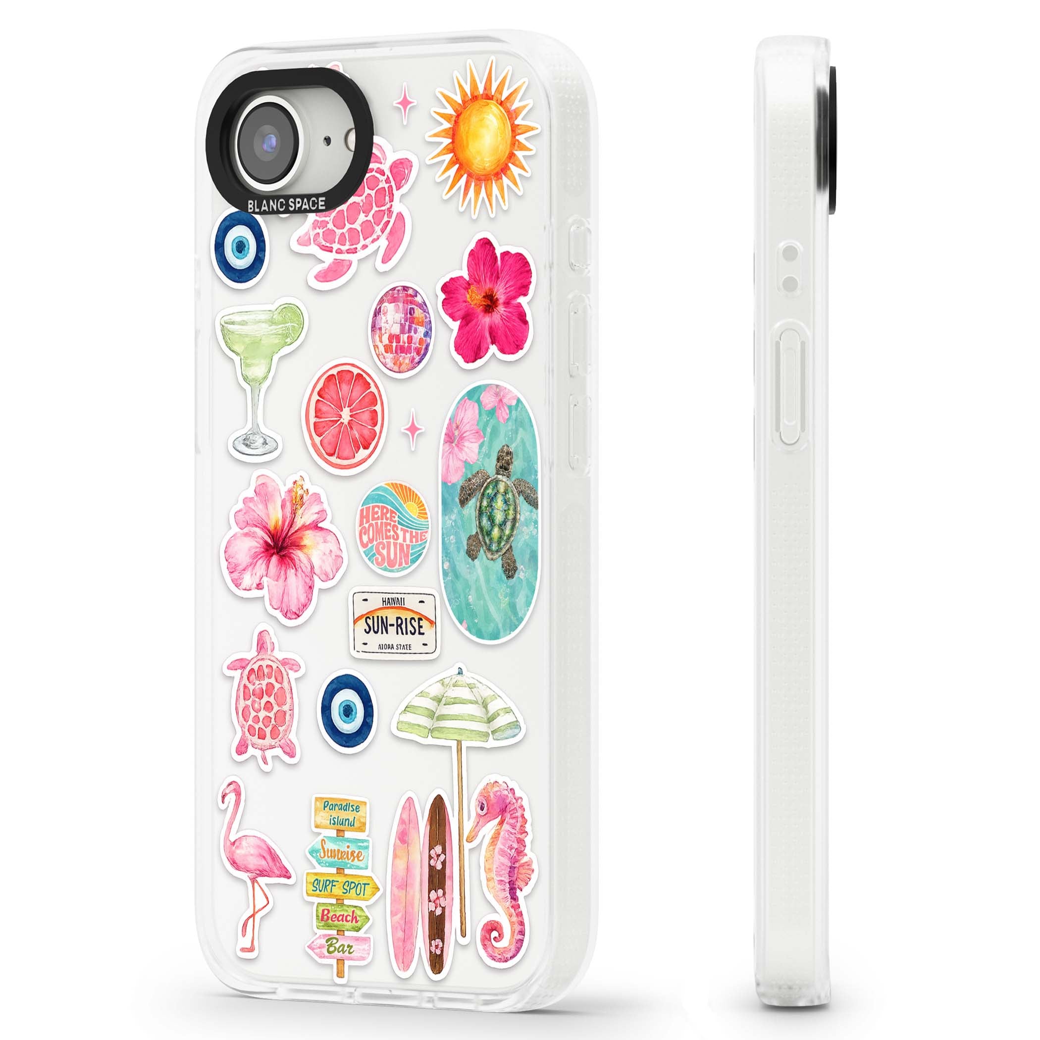 Aloha Sticker Mix tropical summer iPhone case featuring pink hibiscus, sea turtles, flamingo and beach umbrella stickers | Clear Case Impact Air case for iPhone 16e, iPhone 17e