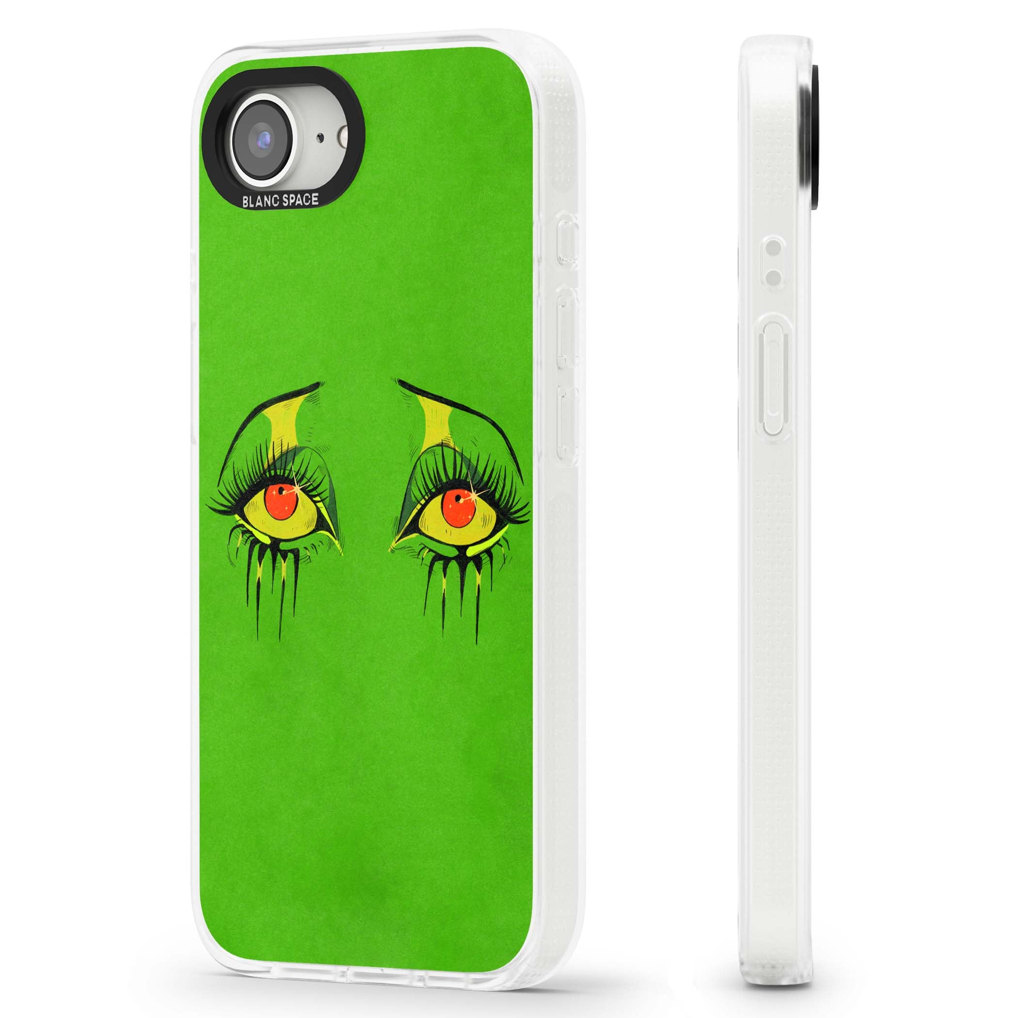 Green Enchanted Eyes psychedelic art iPhone case featuring hand-drawn dripping eyes on neon green background | Clear Case Impact Air case for iPhone 16e, iPhone 17e