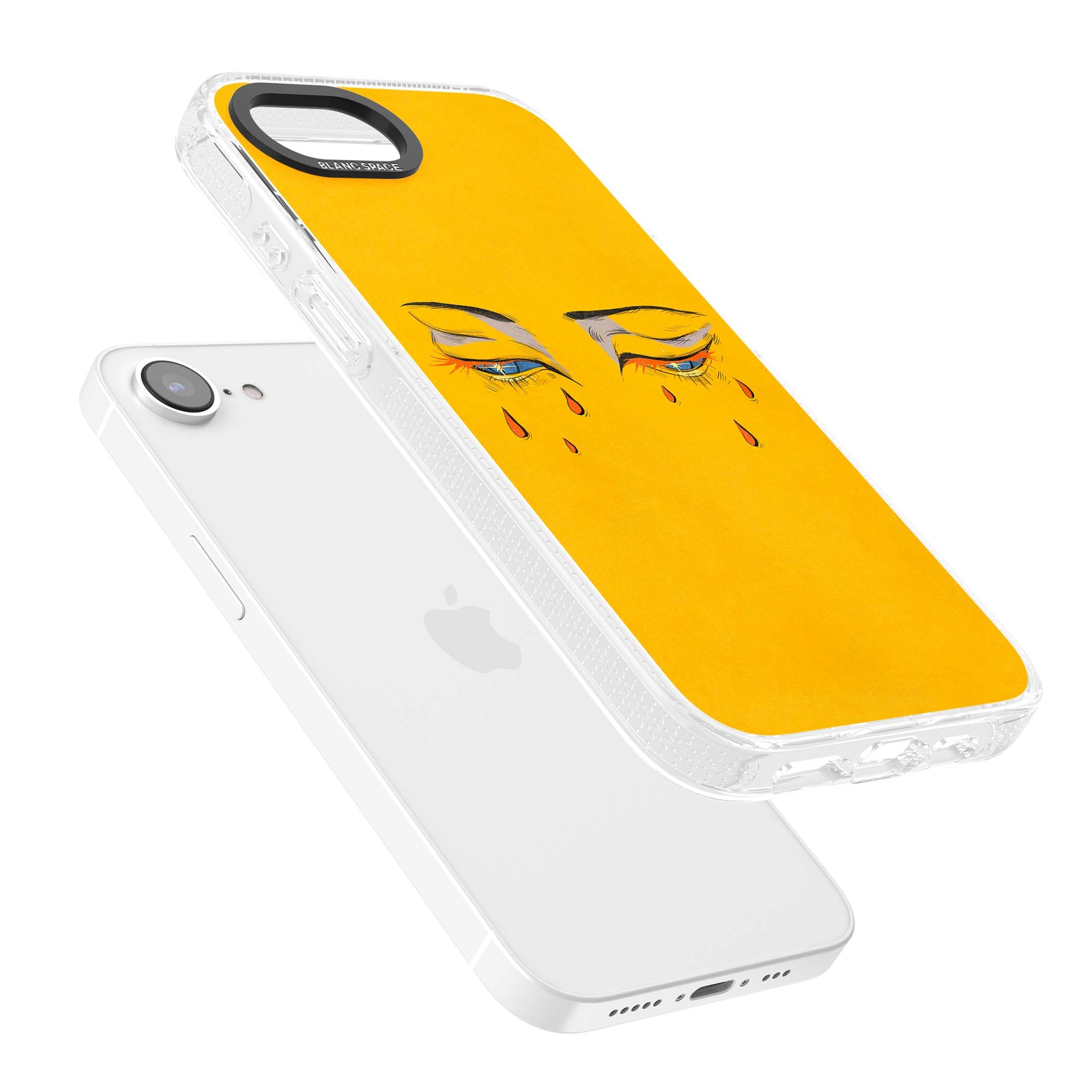 Yellow Tearful Eyes indie iPhone case featuring hand-drawn crying eyes with orange tears on a yellow background | Clear Case Impact Air case for iPhone 16e, iPhone 17e