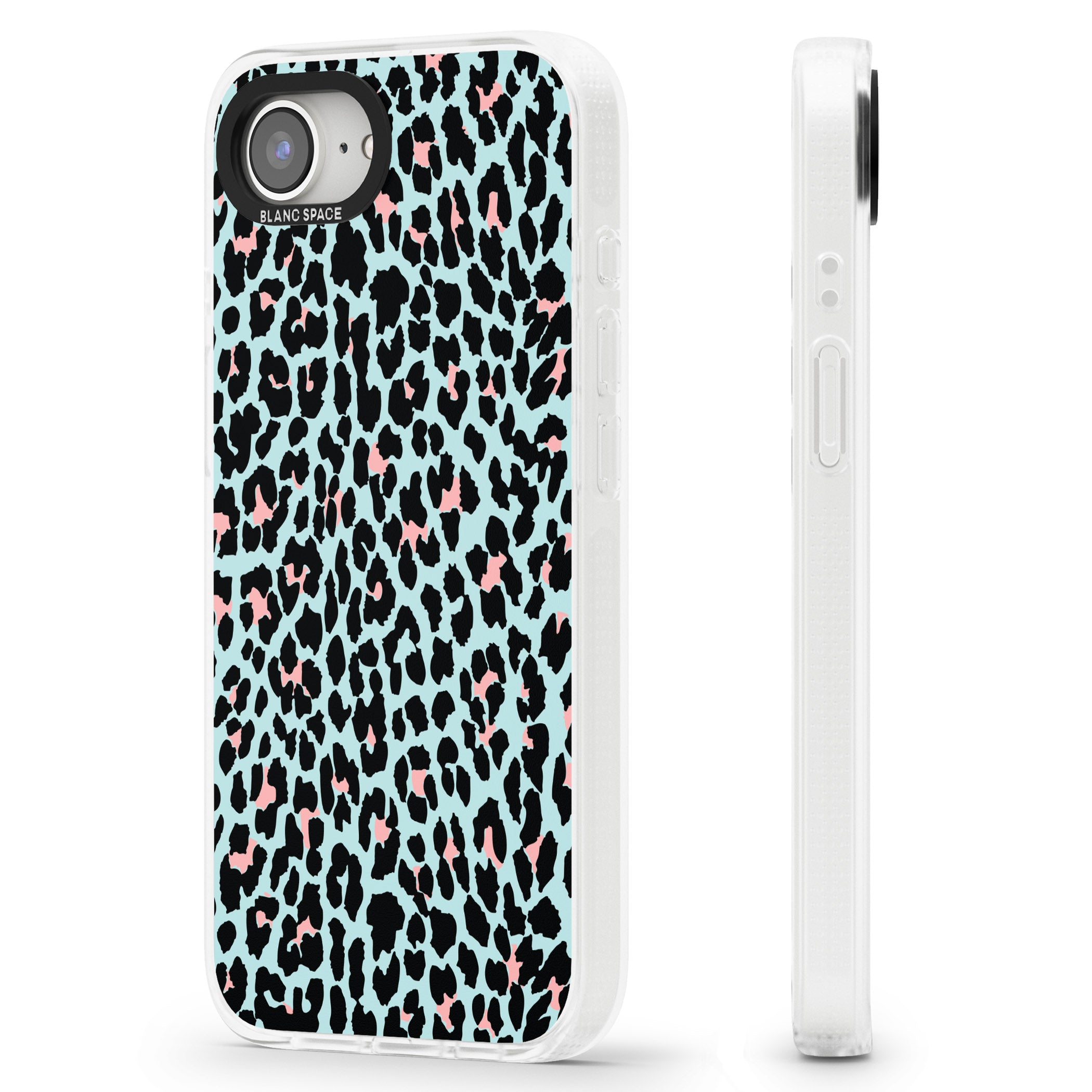 Light Pink on Blue Leopard Print Pattern iPhone 16e Clear Case Impact Air - Blanc Space