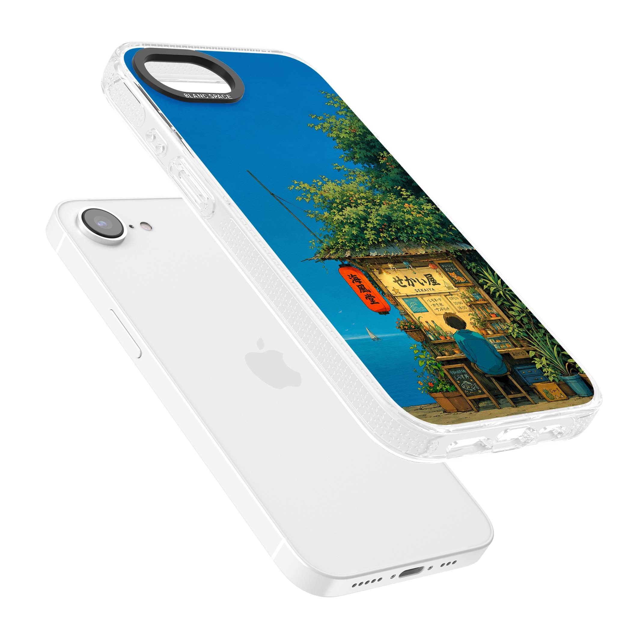 The Shirahama Kiosk anime iPhone case featuring a Japanese seaside shop, red paper lantern and ocean view | Clear Case Impact Air case for iPhone 16e, iPhone 17e