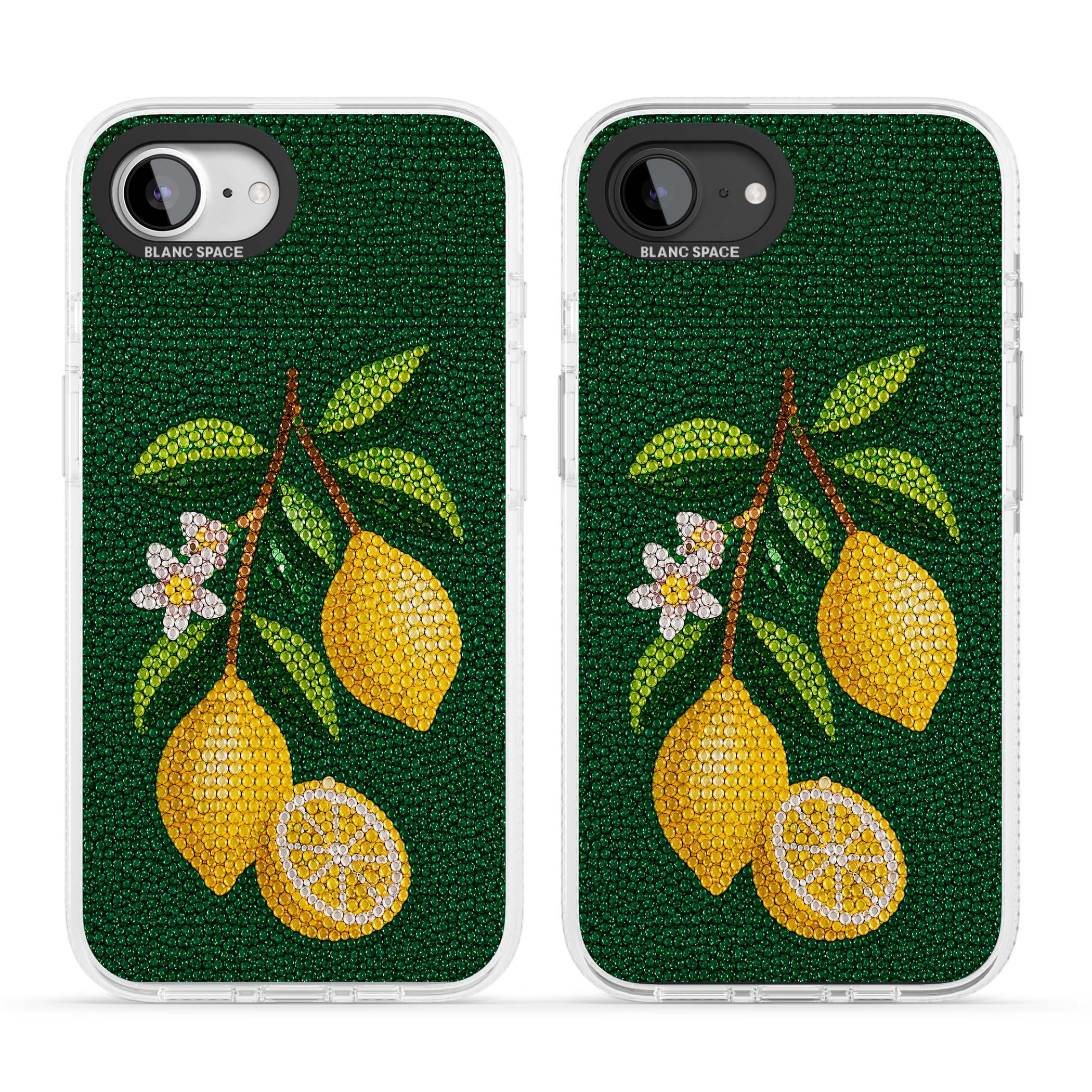 Beaded Lemons coastal iPhone case featuring crystal-beaded lemons, citrus blossom and green leaves on emerald ground | Clear Case Impact Air case for iPhone 16e, iPhone 17e