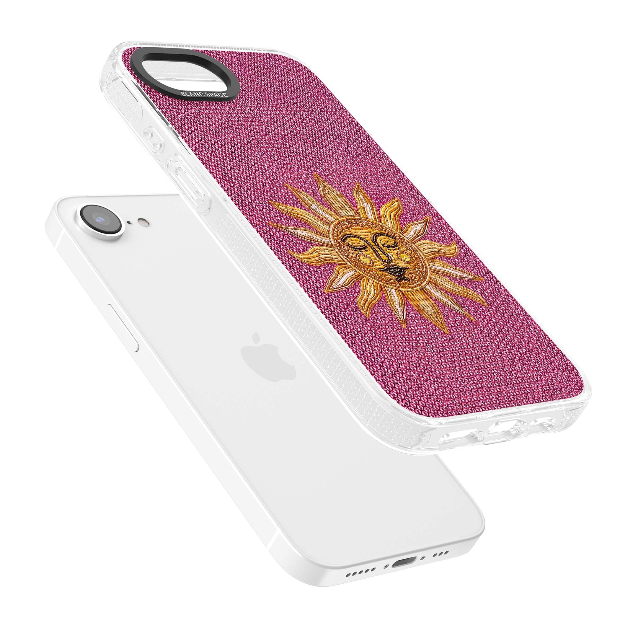 Beaded Sun celestial iPhone case featuring a golden beaded sun face with radiant rays on hot pink beaded background | Clear Case Impact Air case for iPhone 16e, iPhone 17e
