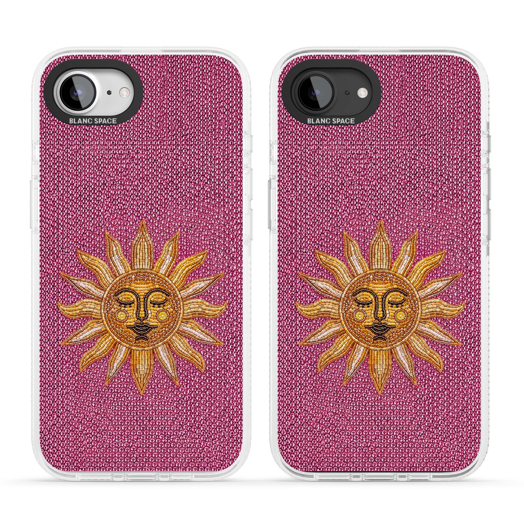 Beaded Sun celestial iPhone case featuring a golden beaded sun face with radiant rays on hot pink beaded background | Clear Case Impact Air case for iPhone 16e, iPhone 17e