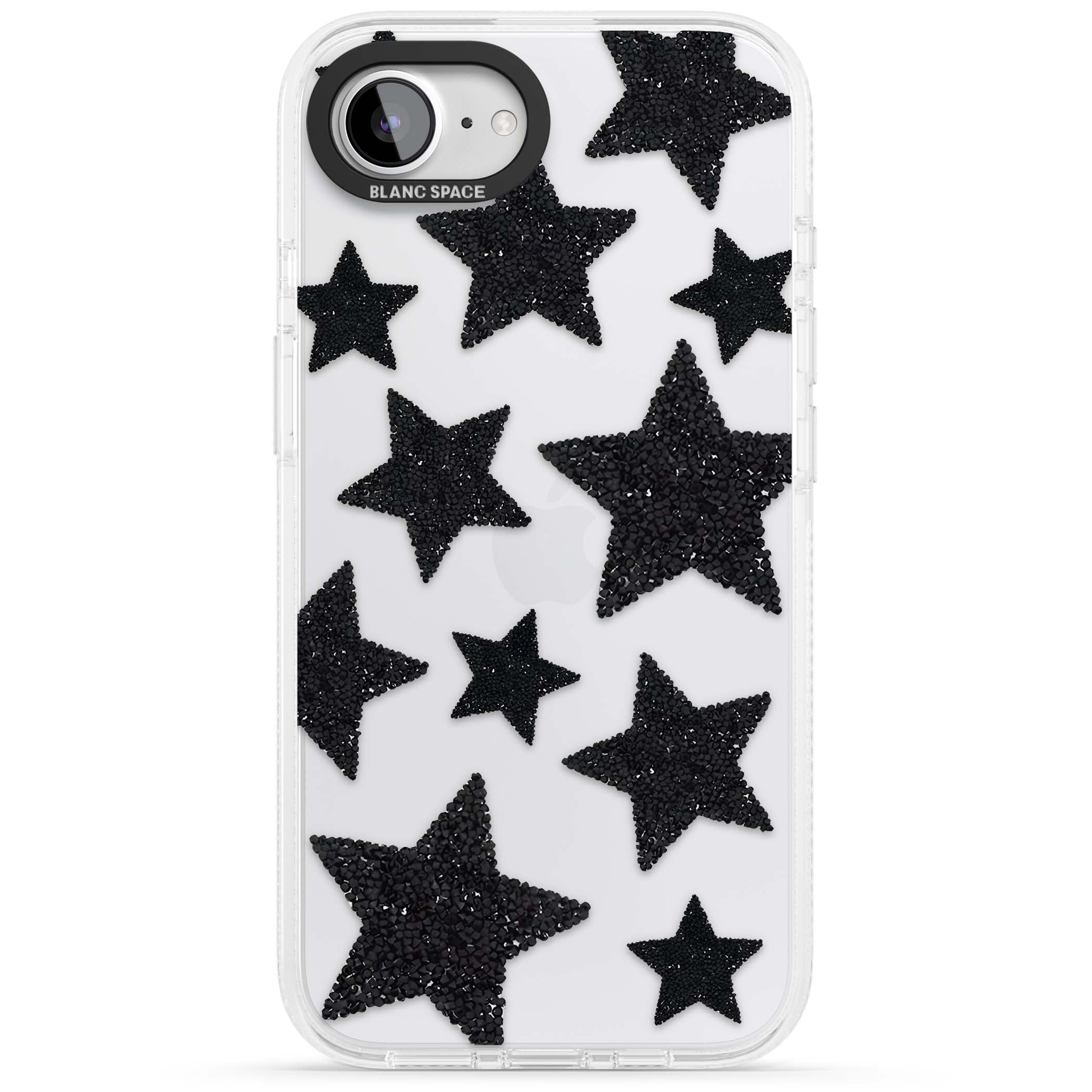 Beaded Black Stars celestial iPhone case featuring black glitter beaded stars scattered on a clear background | Clear Case Impact Air case for iPhone 16e, iPhone 17e
