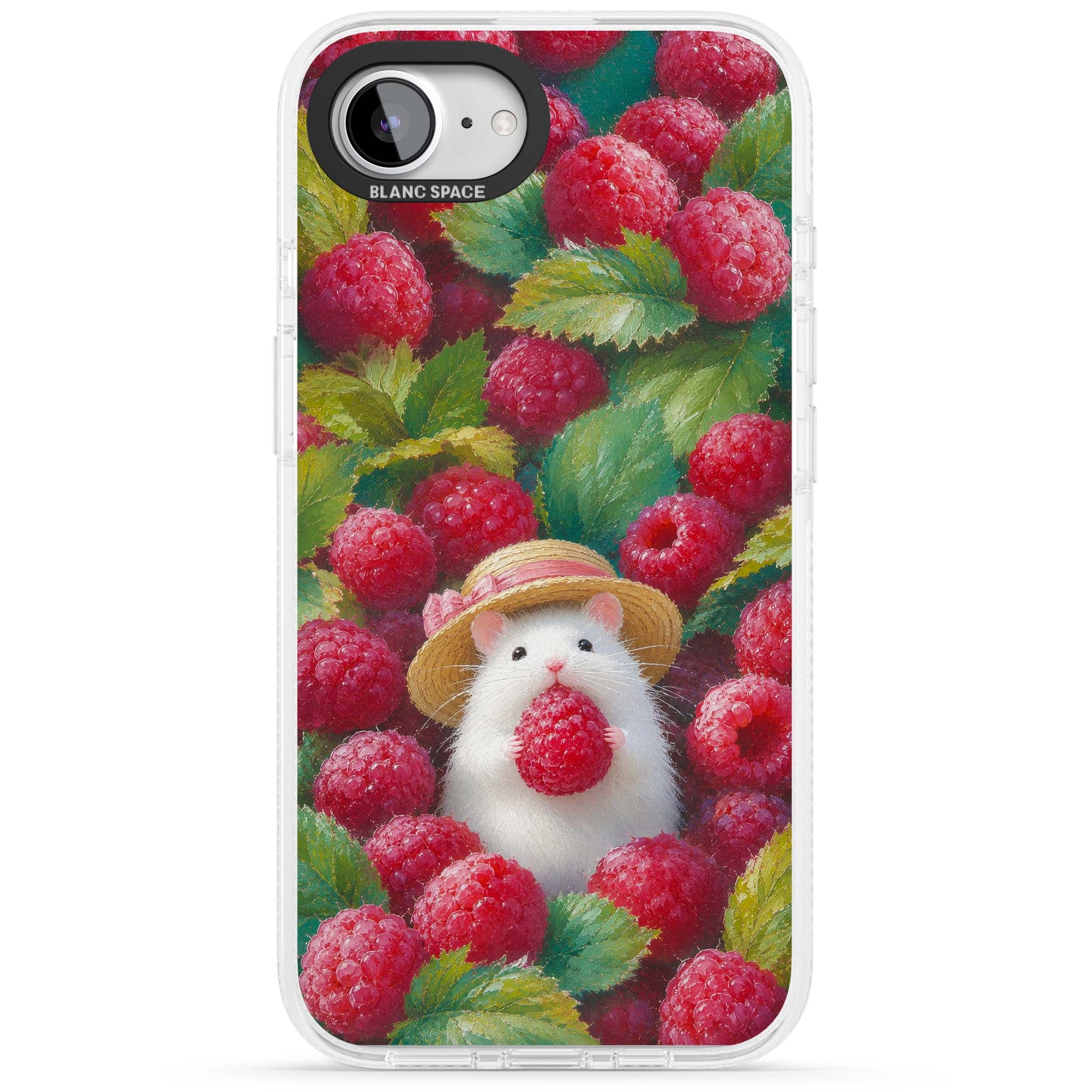 Berry Forager cottagecore iPhone case featuring a white hamster in a straw hat holding a raspberry surrounded by ripe ber | Clear Case Impact Air case for iPhone 16e, iPhone 17e