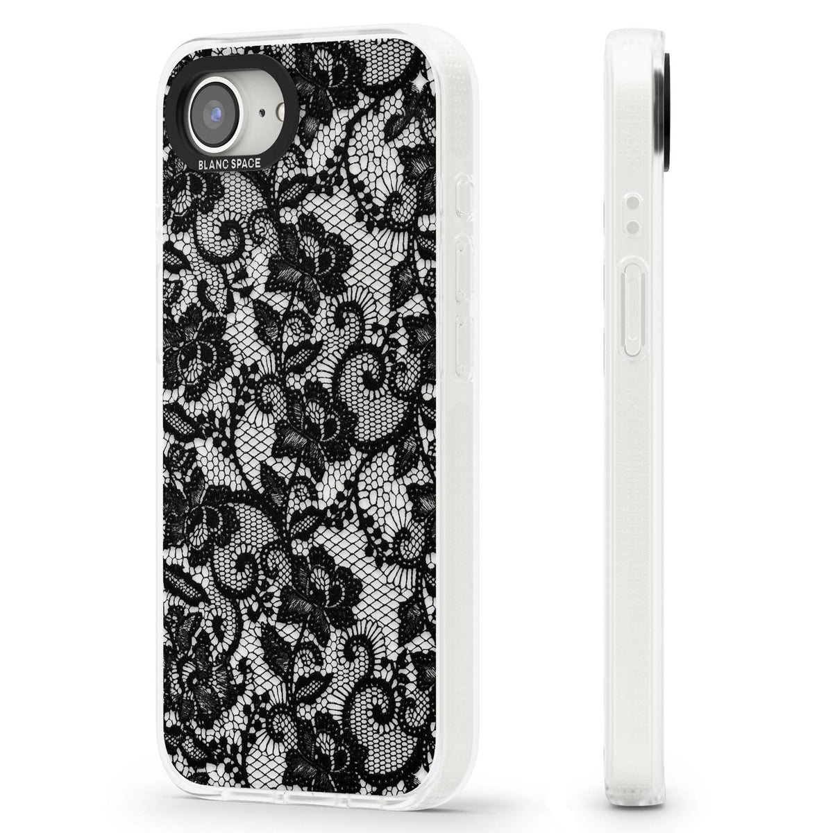 Black Lace gothic iPhone case featuring intricate black floral lace pattern with vintage whimsigoth detail | Clear Case Impact Air case for iPhone 16e, iPhone 17e