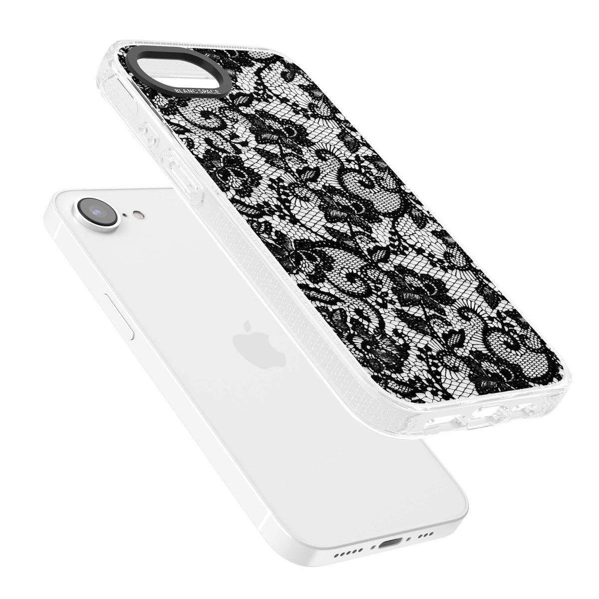Black Lace gothic iPhone case featuring intricate black floral lace pattern with vintage whimsigoth detail | Clear Case Impact Air case for iPhone 16e, iPhone 17e