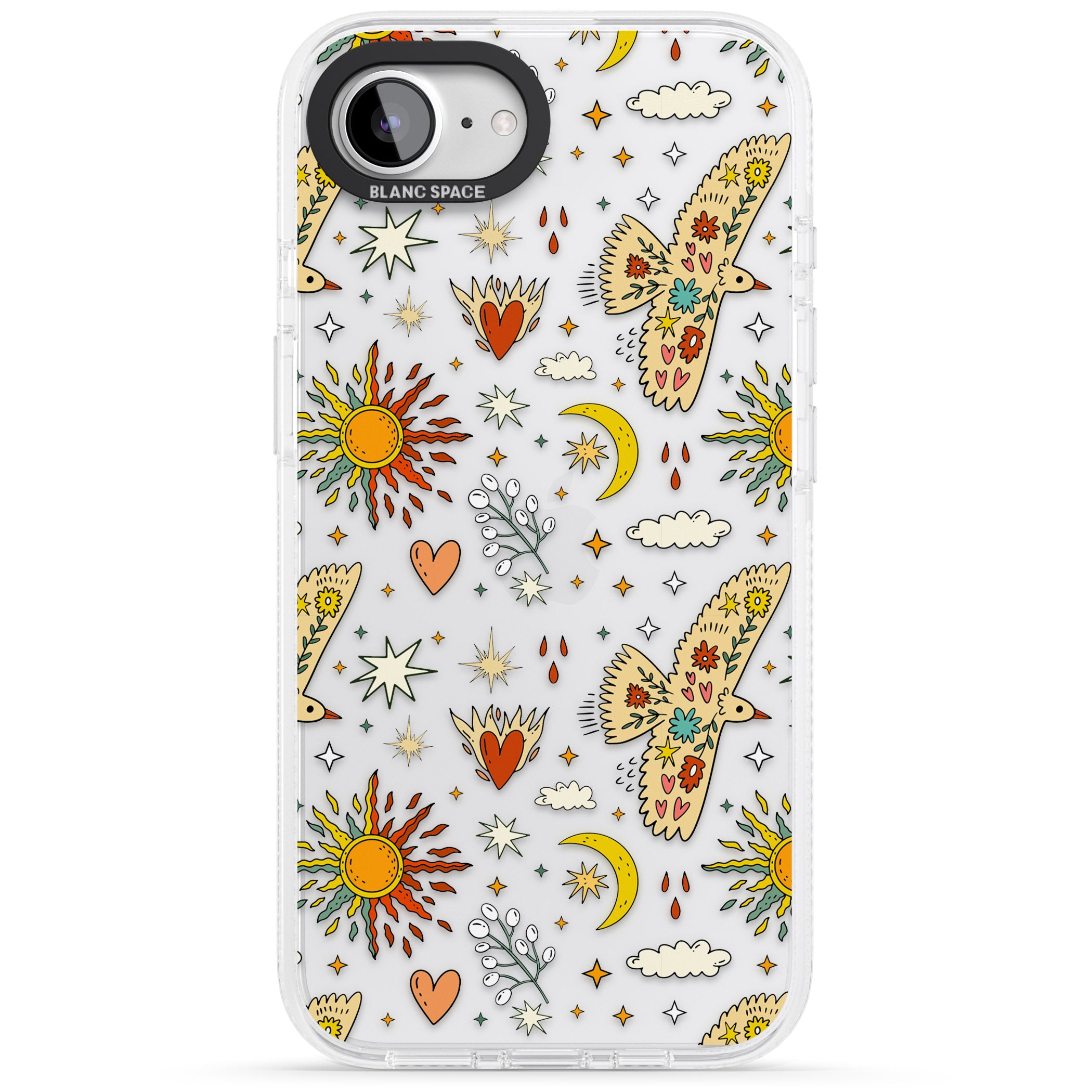 Boho Celestial Floral Bird & Sun iPhone 16e Clear Case Impact Air - Blanc Space