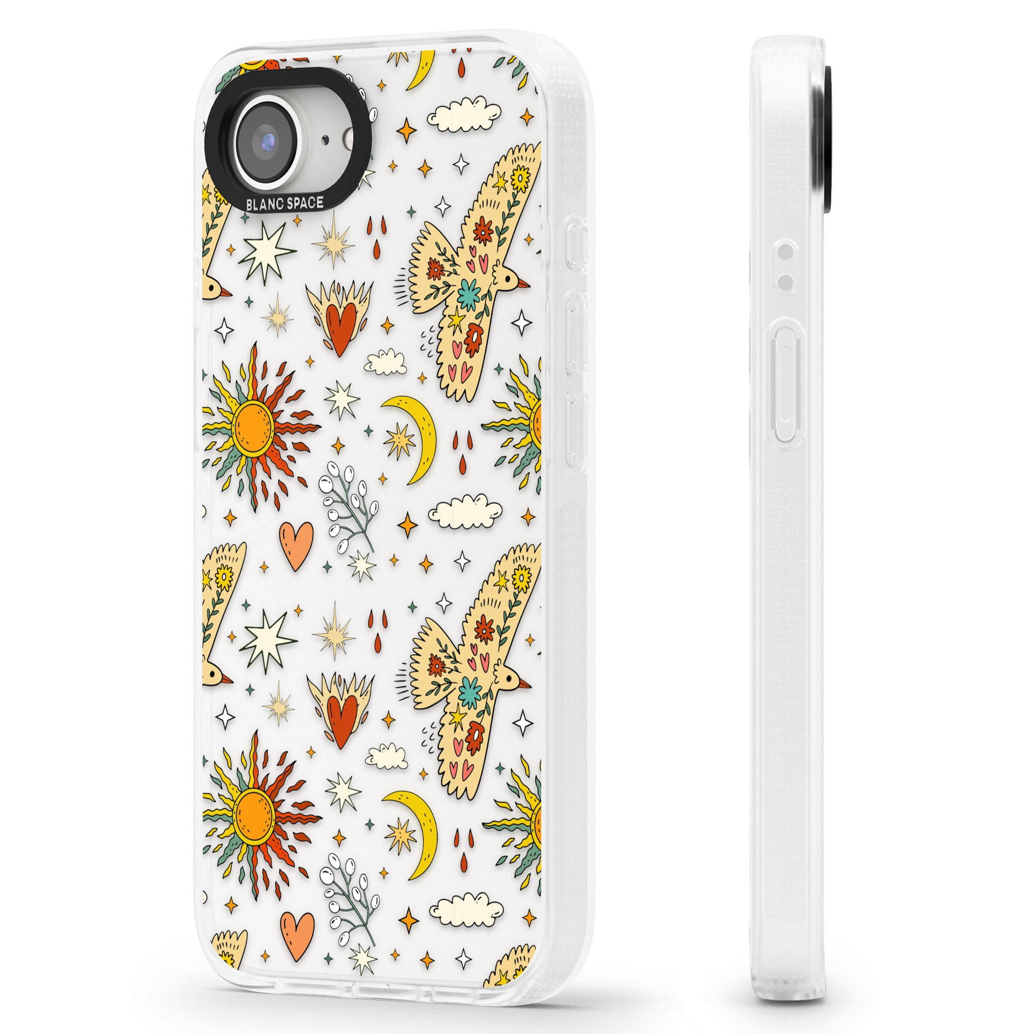 Boho Celestial Floral Bird & Sun iPhone 16e Clear Case Impact Air - Blanc Space