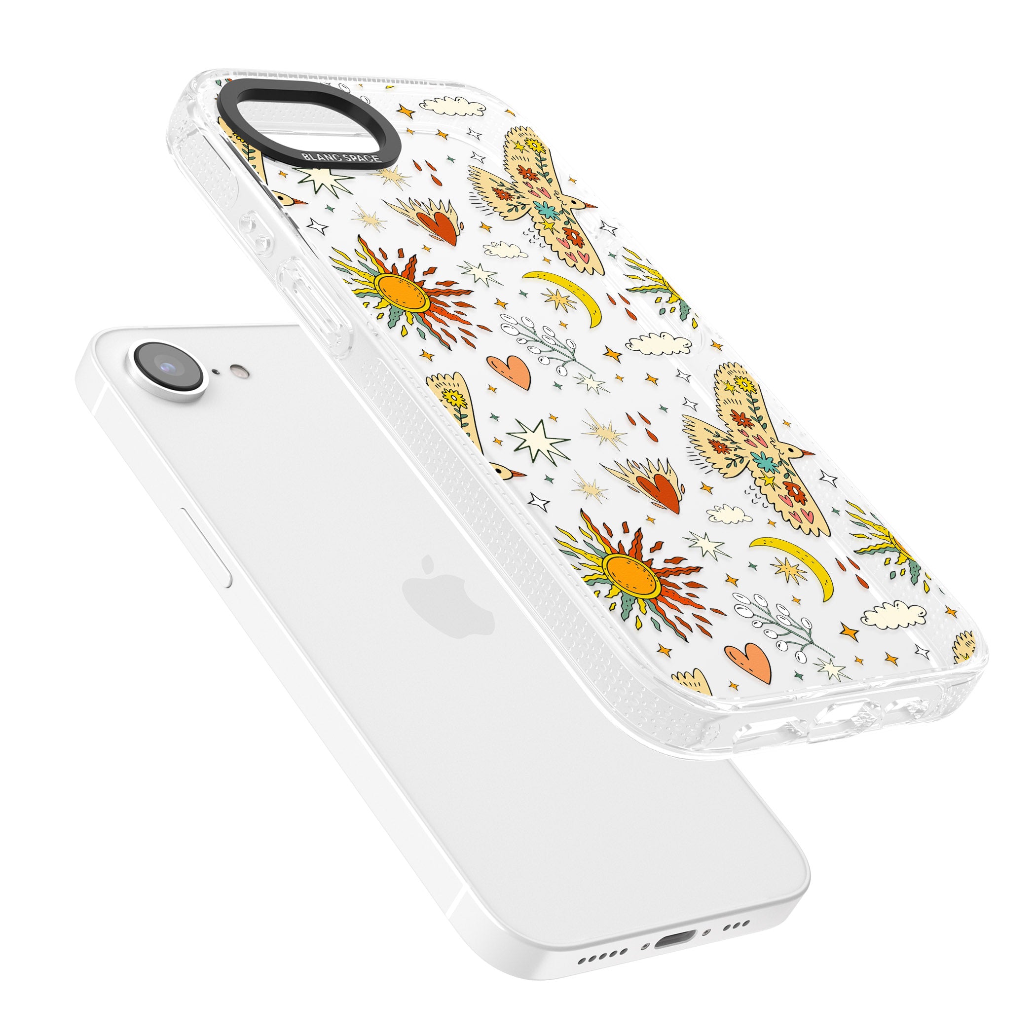 Boho Celestial Floral Bird & Sun iPhone 16e Clear Case Impact Air - Blanc Space