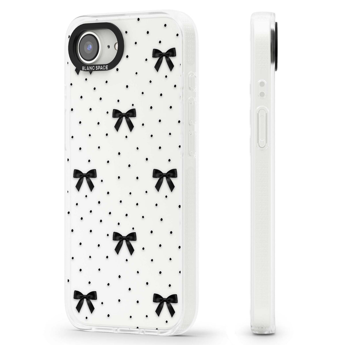 Black Polka Bows coquette iPhone case featuring scattered black satin bows and tiny polka dots on a clear base | Clear Case Impact Air case for iPhone 16e, iPhone 17e