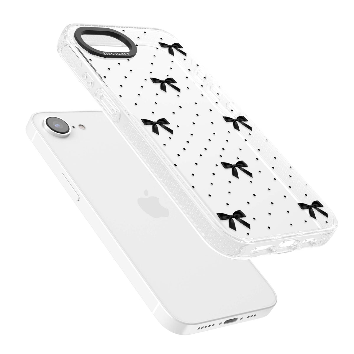 Black Polka Bows coquette iPhone case featuring scattered black satin bows and tiny polka dots on a clear base | Clear Case Impact Air case for iPhone 16e, iPhone 17e