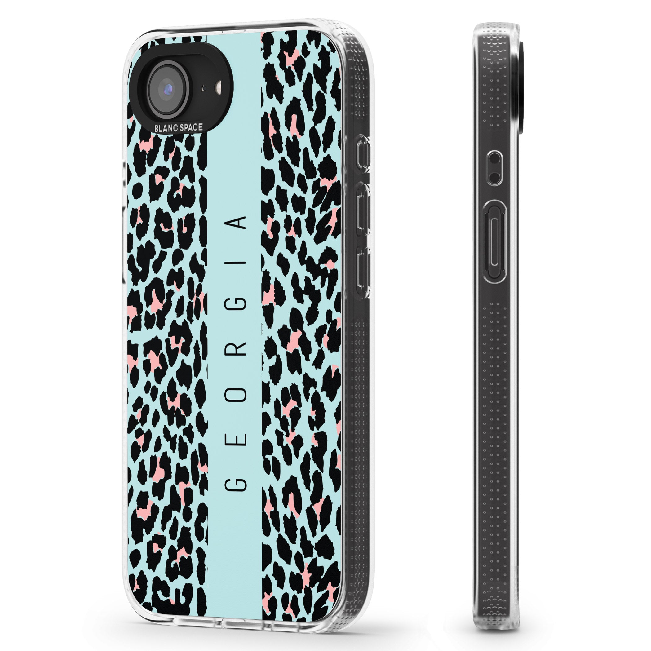 Personalised Blue Leopard Spots iPhone 16e Clear Case Impact Air - Blanc Space