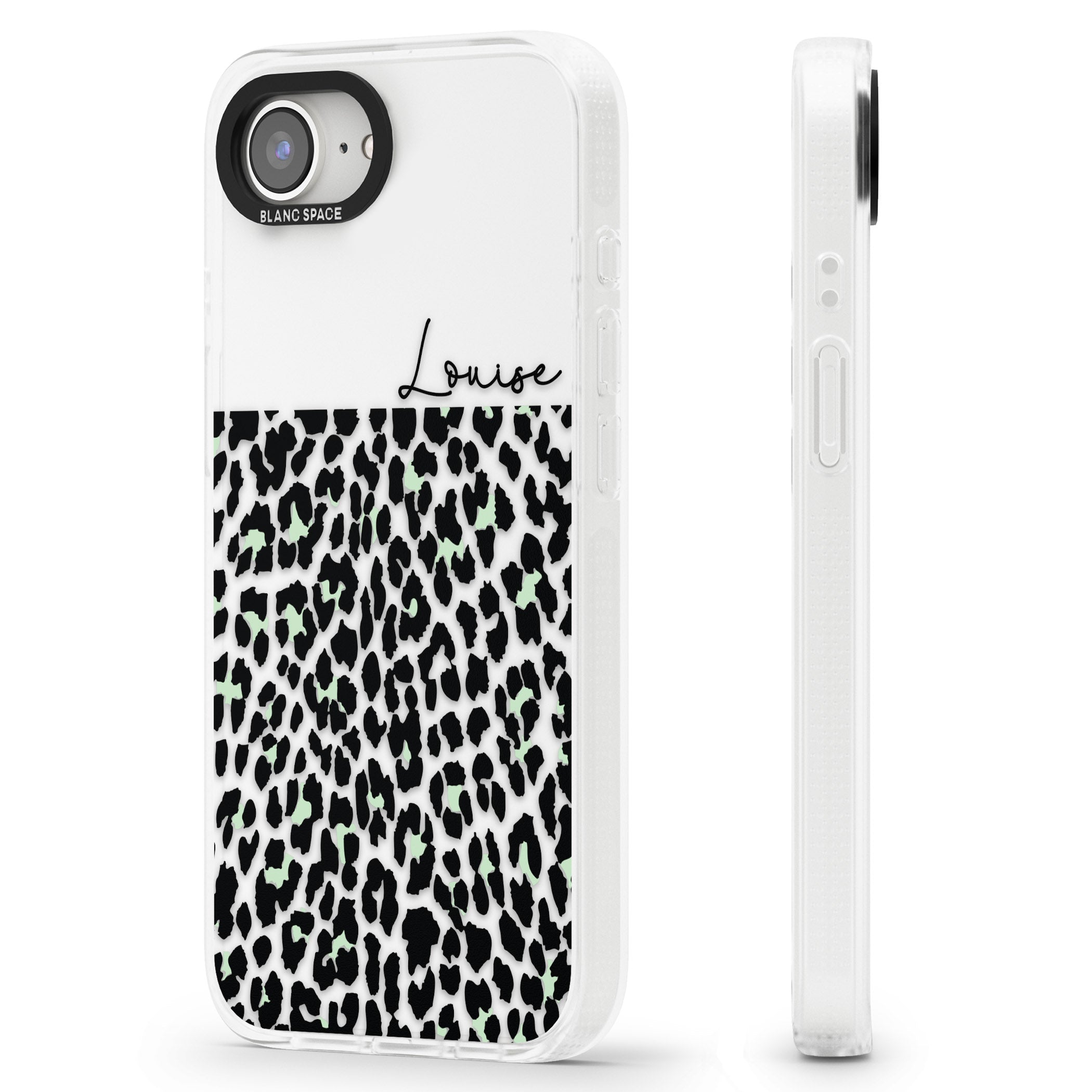 Personalised Seafoam Green & Cursive Leopard Spots iPhone 16e Clear Case Impact Air - Blanc Space