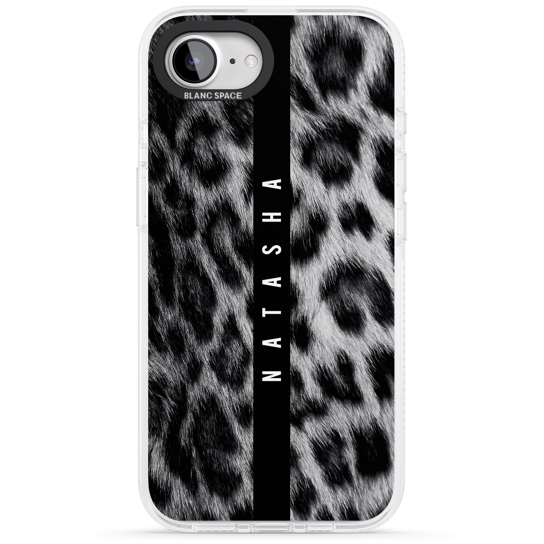 Personalised Snow Leopard Print iPhone 16e Clear Case Impact Air - Blanc Space