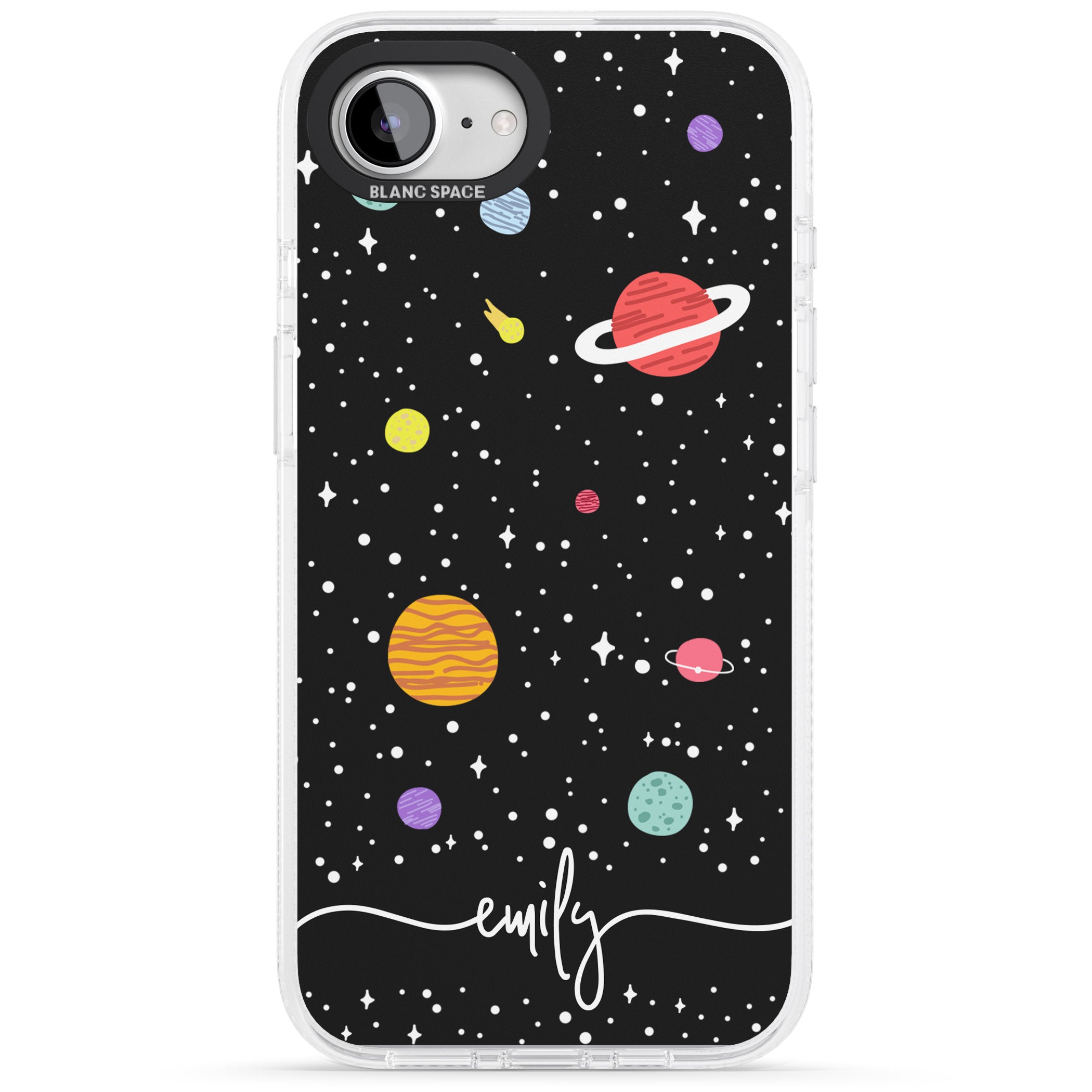 Personalised Cute Cartoon Planets iPhone 16e Clear Case Impact Air - Blanc Space