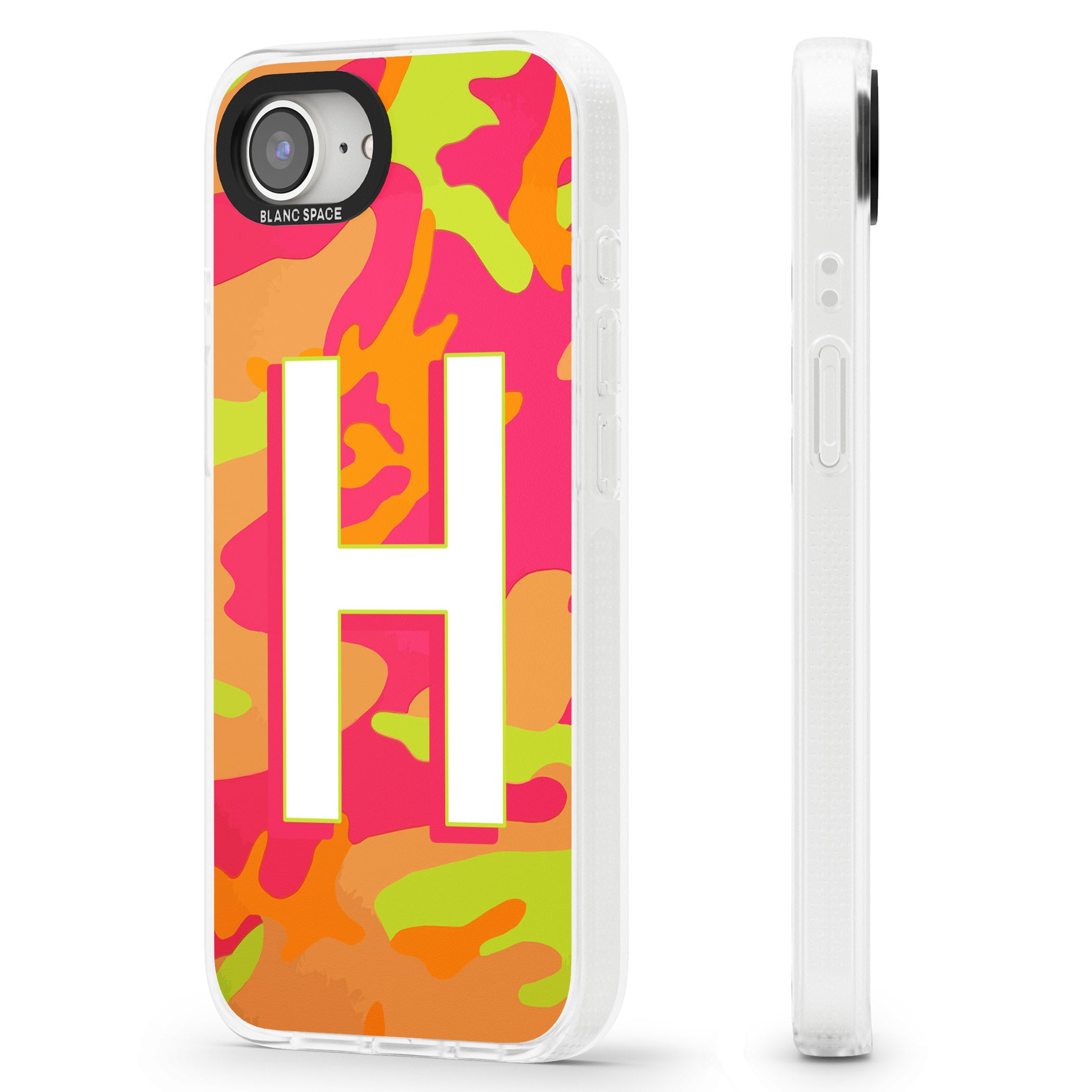 Personalised Bright Neon Camo Solid Monogram iPhone 16e Clear Case Impact Air - Blanc Space