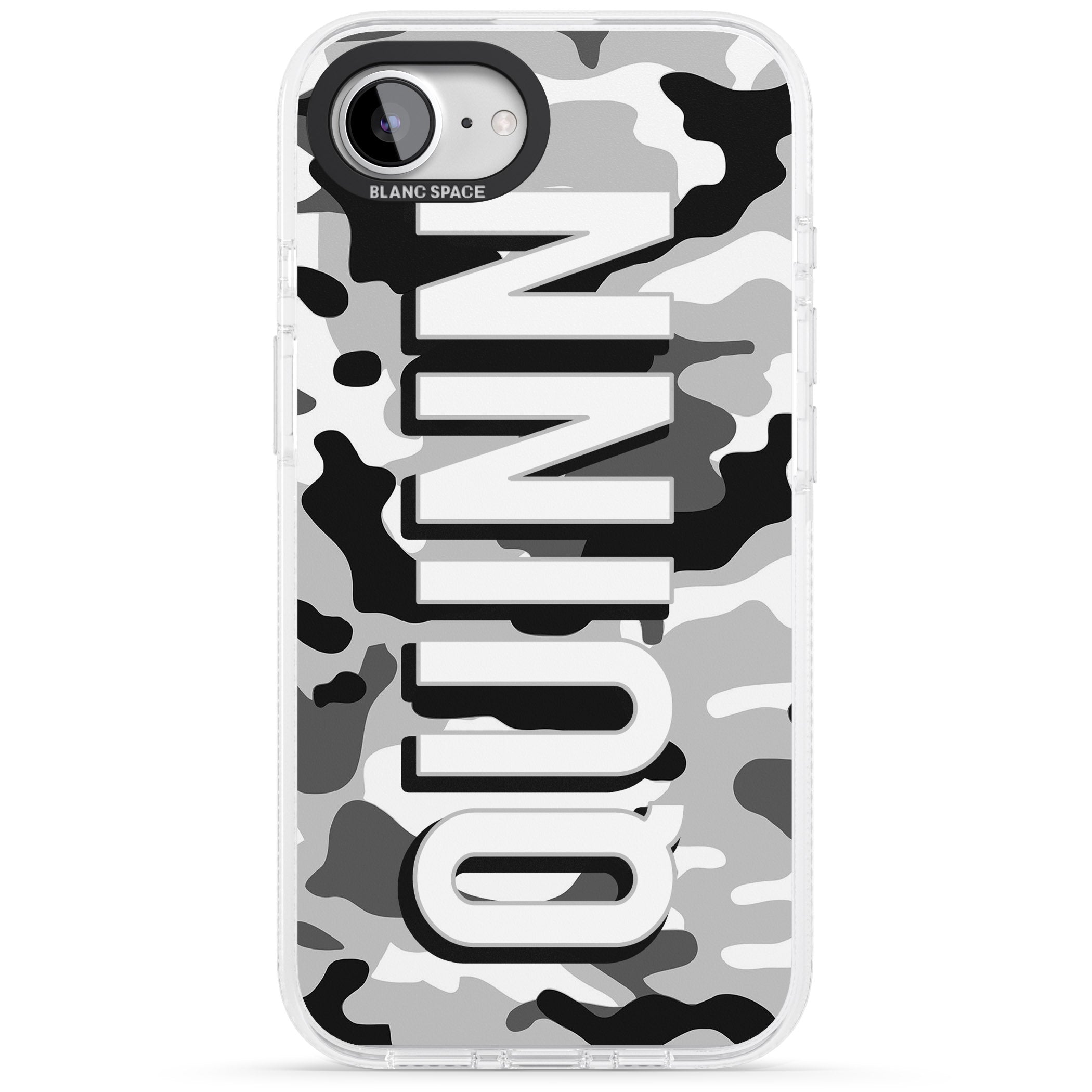 Personalised Greyscale Camo iPhone 16e Clear Case Impact Air - Blanc Space