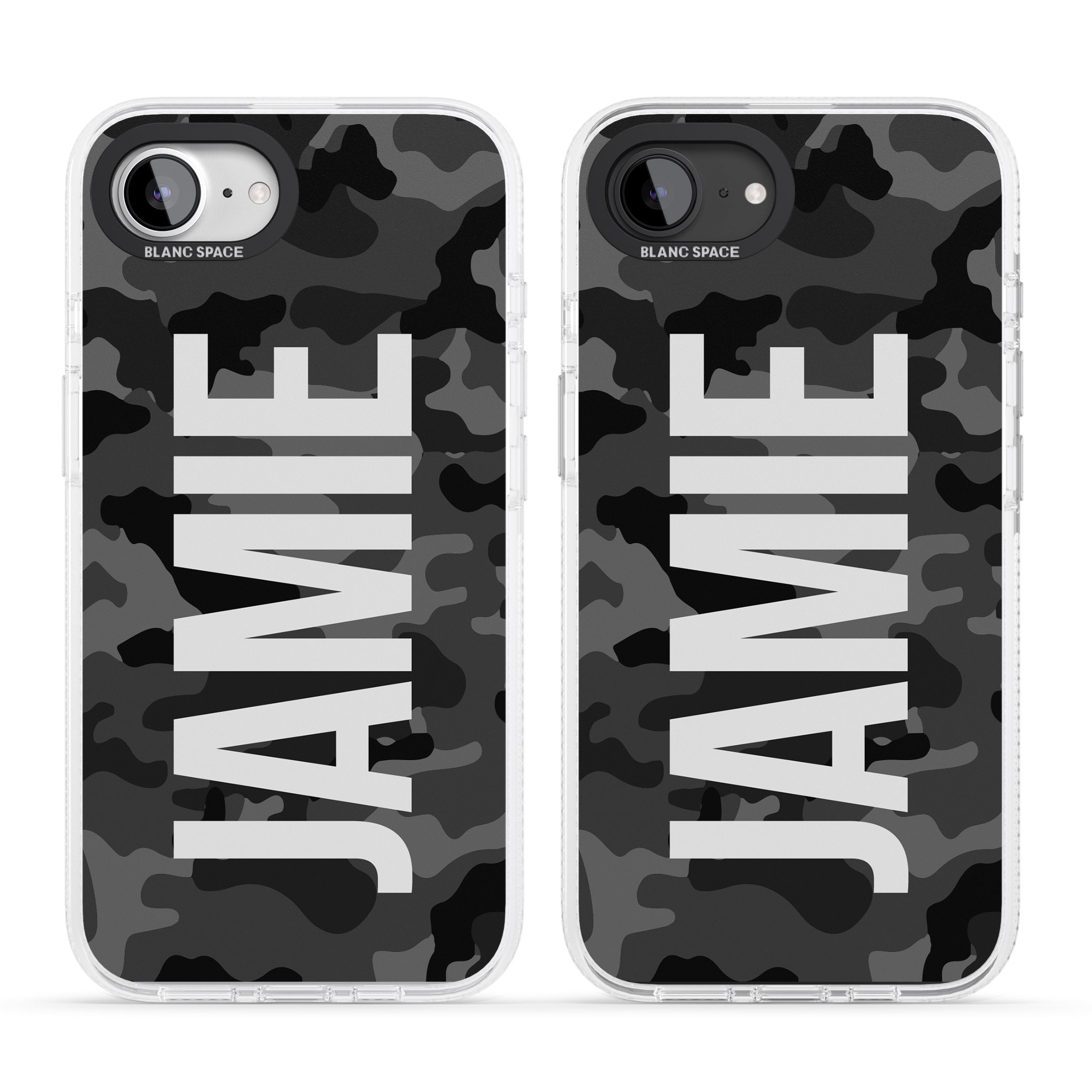 Personalised Vertical Name Black Camouflage iPhone 16e Clear Case Impact Air - Blanc Space
