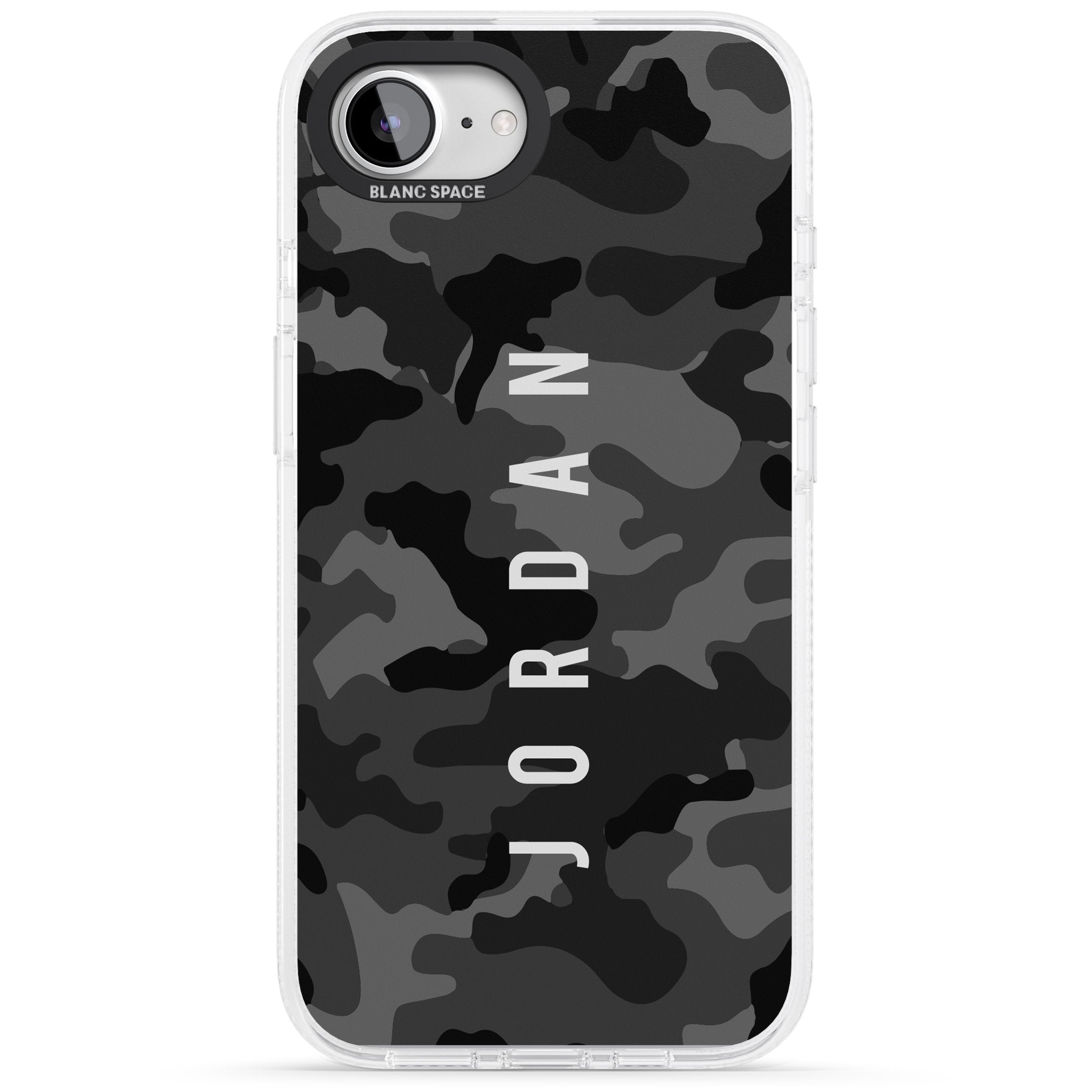 Personalised Small Vertical Name Black Camouflage iPhone 16e Clear Case Impact Air - Blanc Space