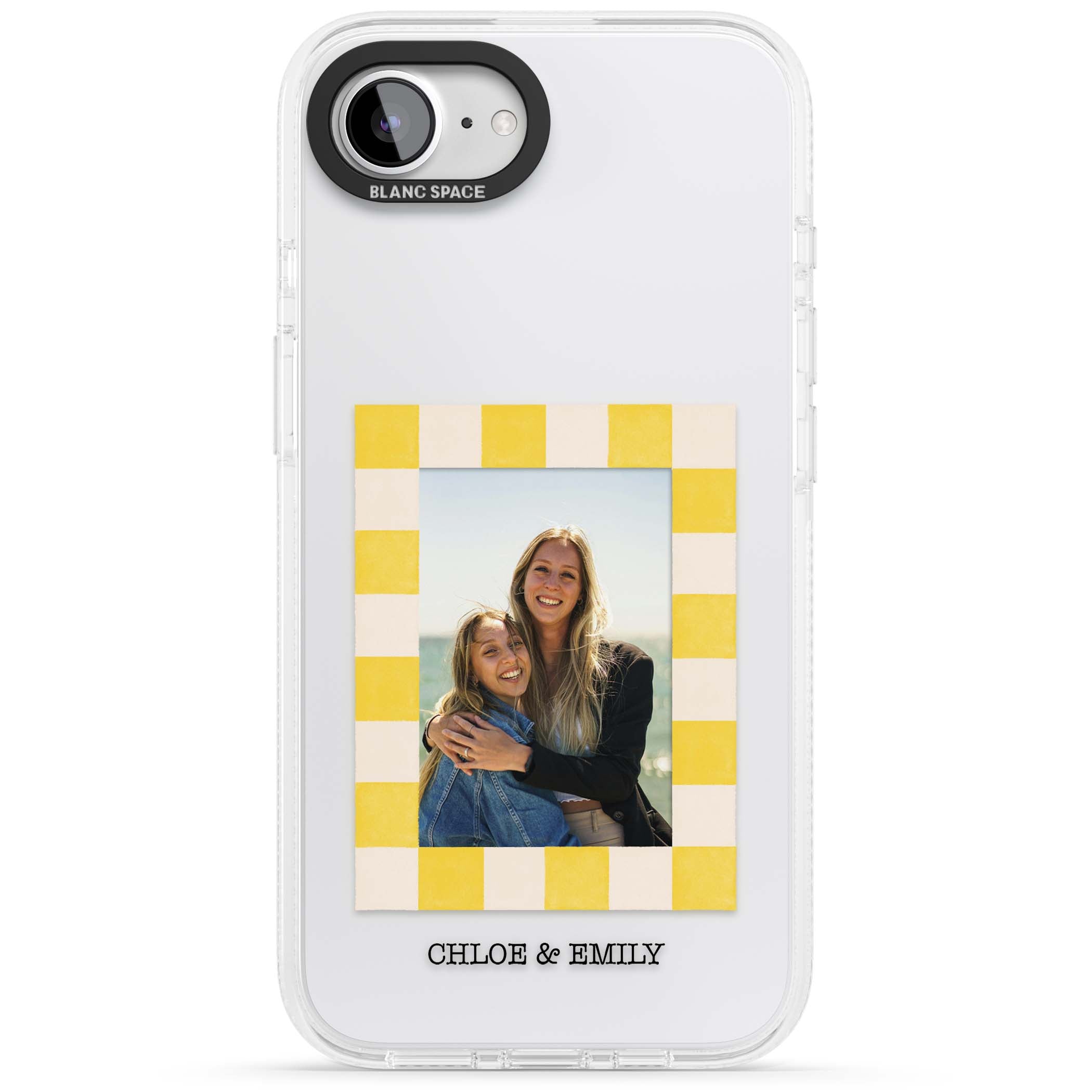 Yellow Check Photo personalised iPhone case with yellow checkered Polaroid frame and custom names beneath | Clear Case Impact Air case for iPhone 16e, iPhone 17e