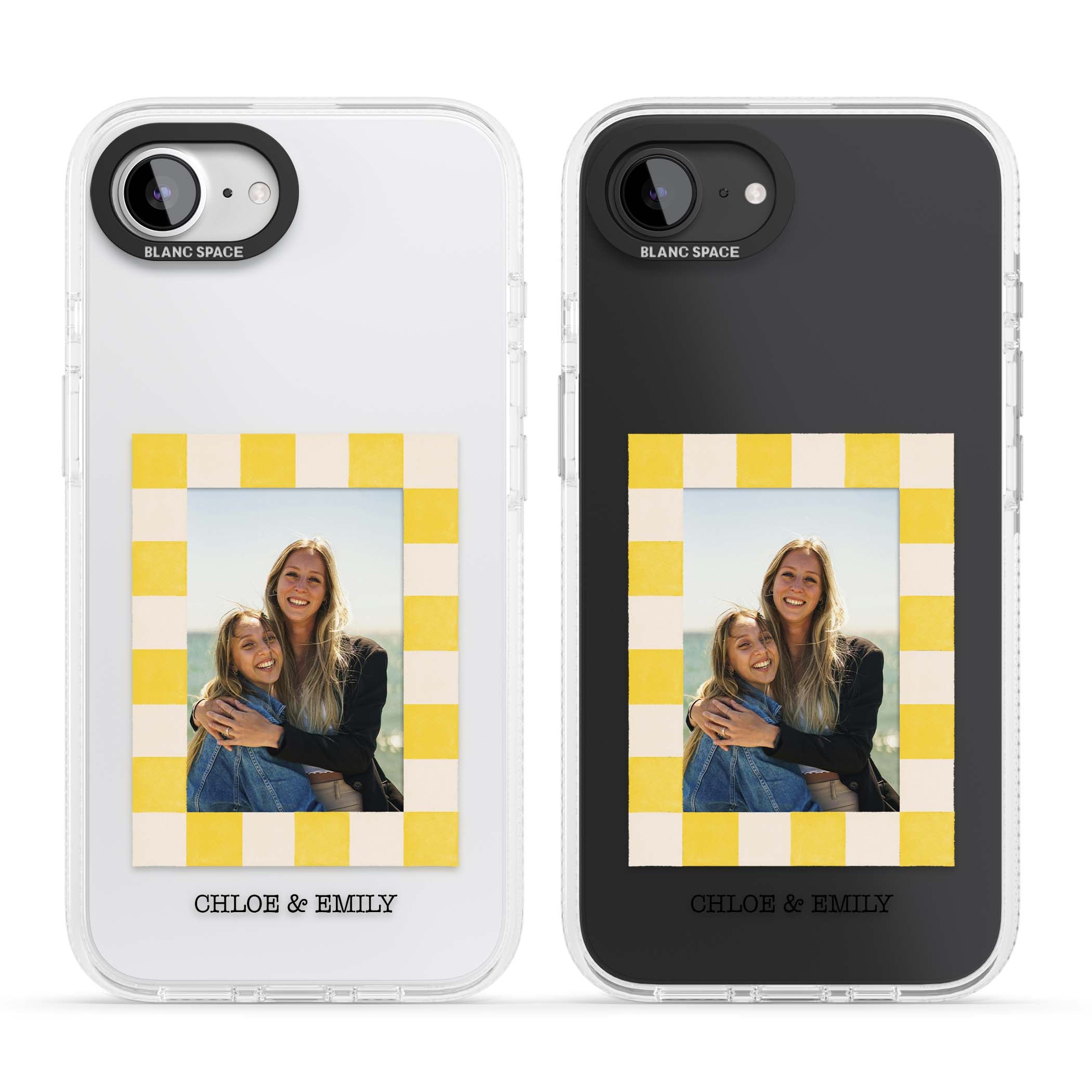 Yellow Check Photo personalised iPhone case with yellow checkered Polaroid frame and custom names beneath | Clear Case Impact Air case for iPhone 16e, iPhone 17e