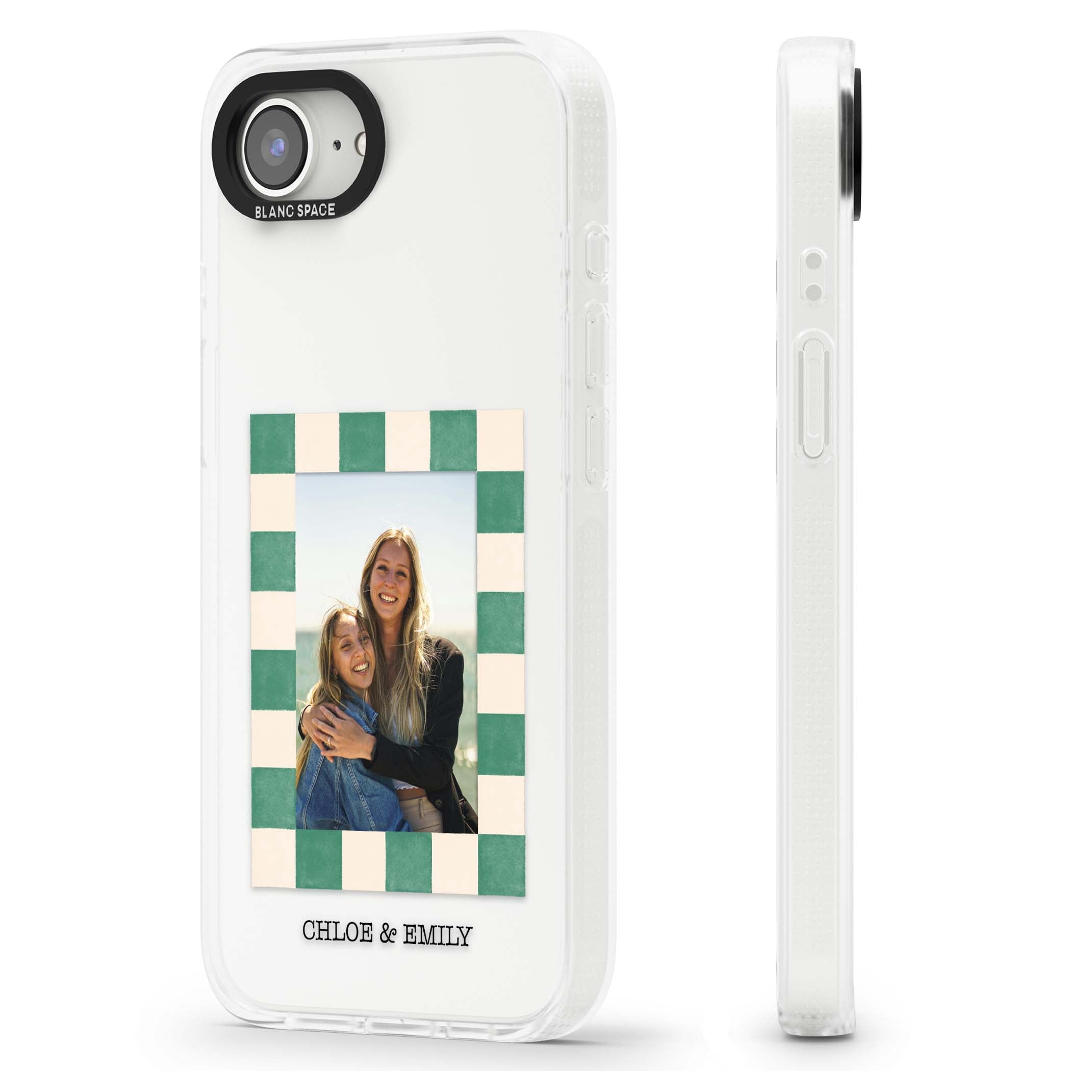Seafoam Check Photo personalised iPhone case featuring a custom polaroid photo, green and cream checkered frame, and custom n | Clear Case Impact Air case for iPhone 16e, iPhone 17e