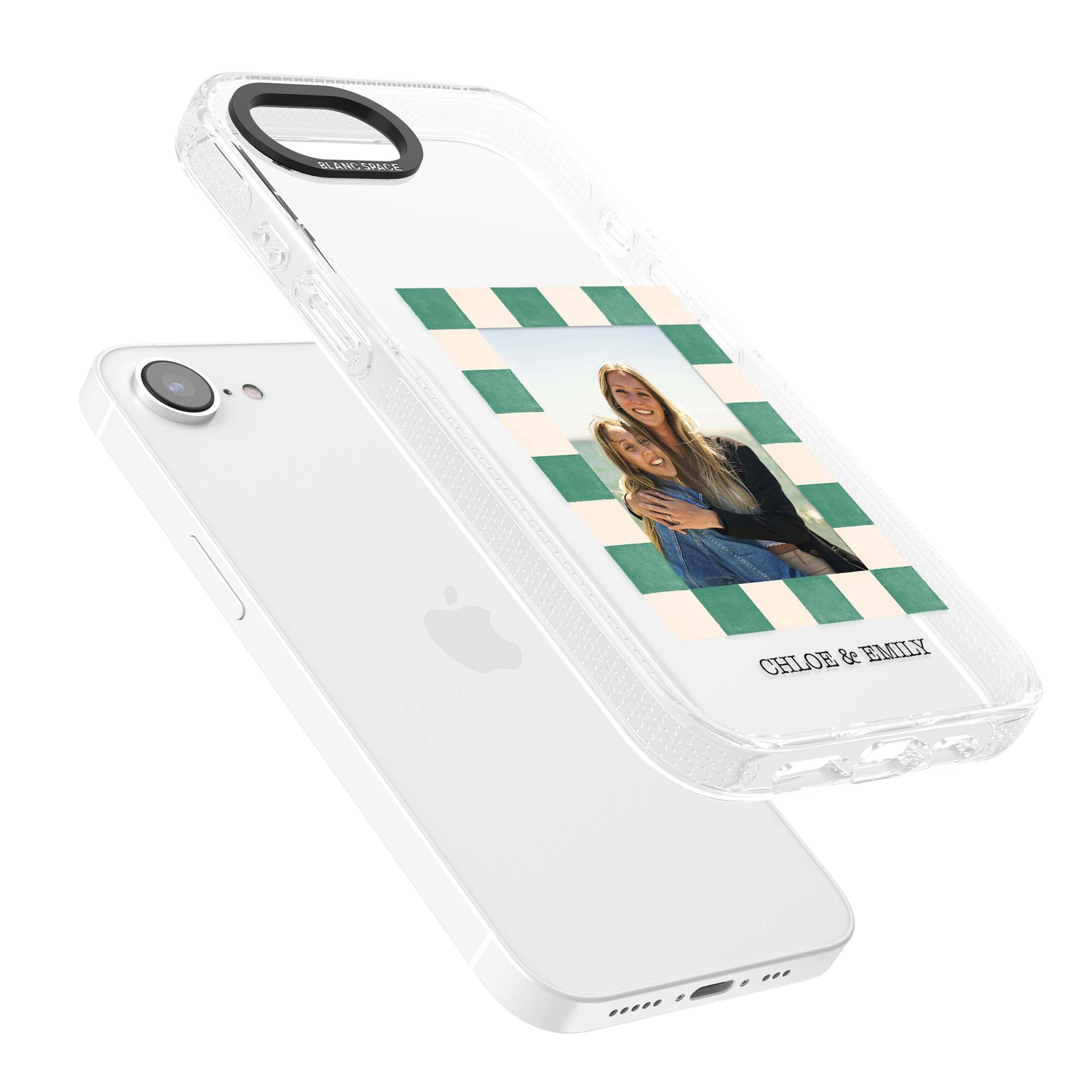 Seafoam Check Photo personalised iPhone case featuring a custom polaroid photo, green and cream checkered frame, and custom n | Clear Case Impact Air case for iPhone 16e, iPhone 17e