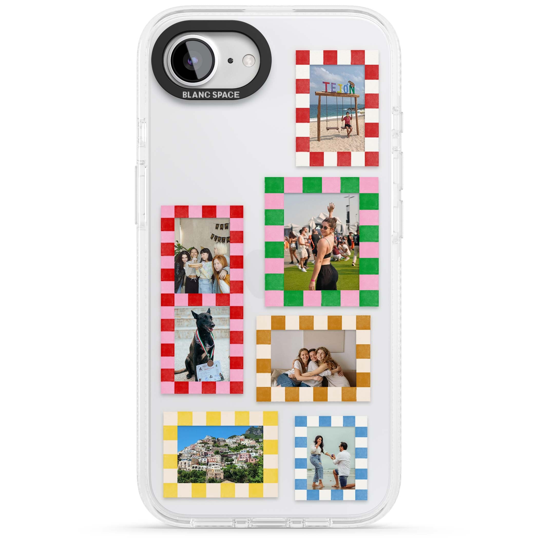 Italian Check Frames custom photo collage iPhone case featuring six checkered photo frames in red, green, pink and | Clear Case Impact Air case for iPhone 16e, iPhone 17e