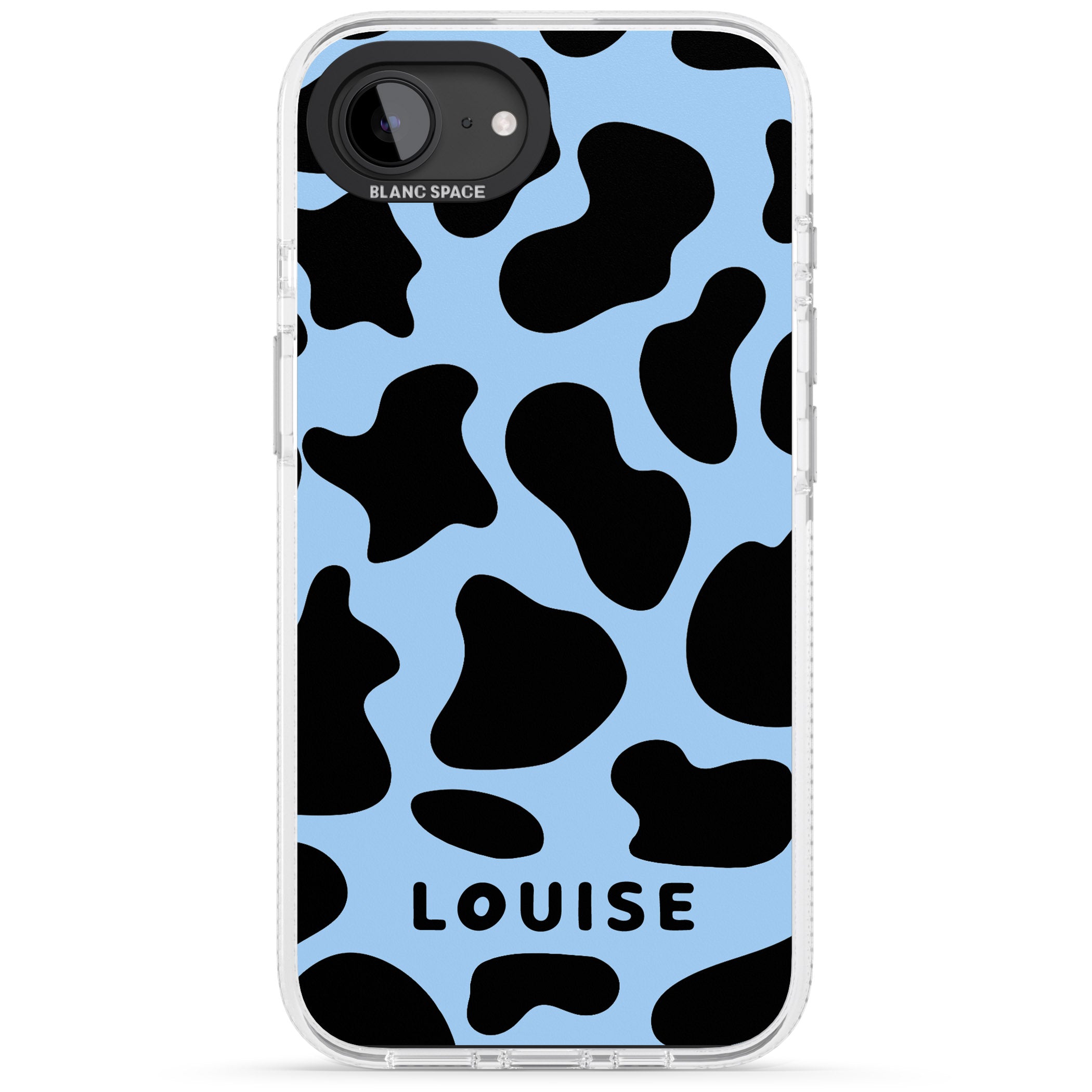 Personalised Blue and Black Cow Print iPhone 16e Clear Case Impact Air - Blanc Space