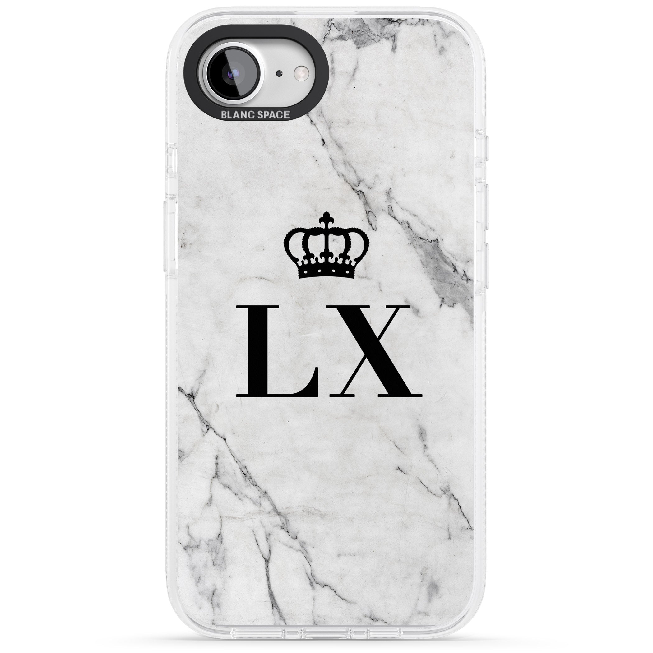 Personalised Initials with Crown on White Marble iPhone 16e Clear Case Impact Air - Blanc Space