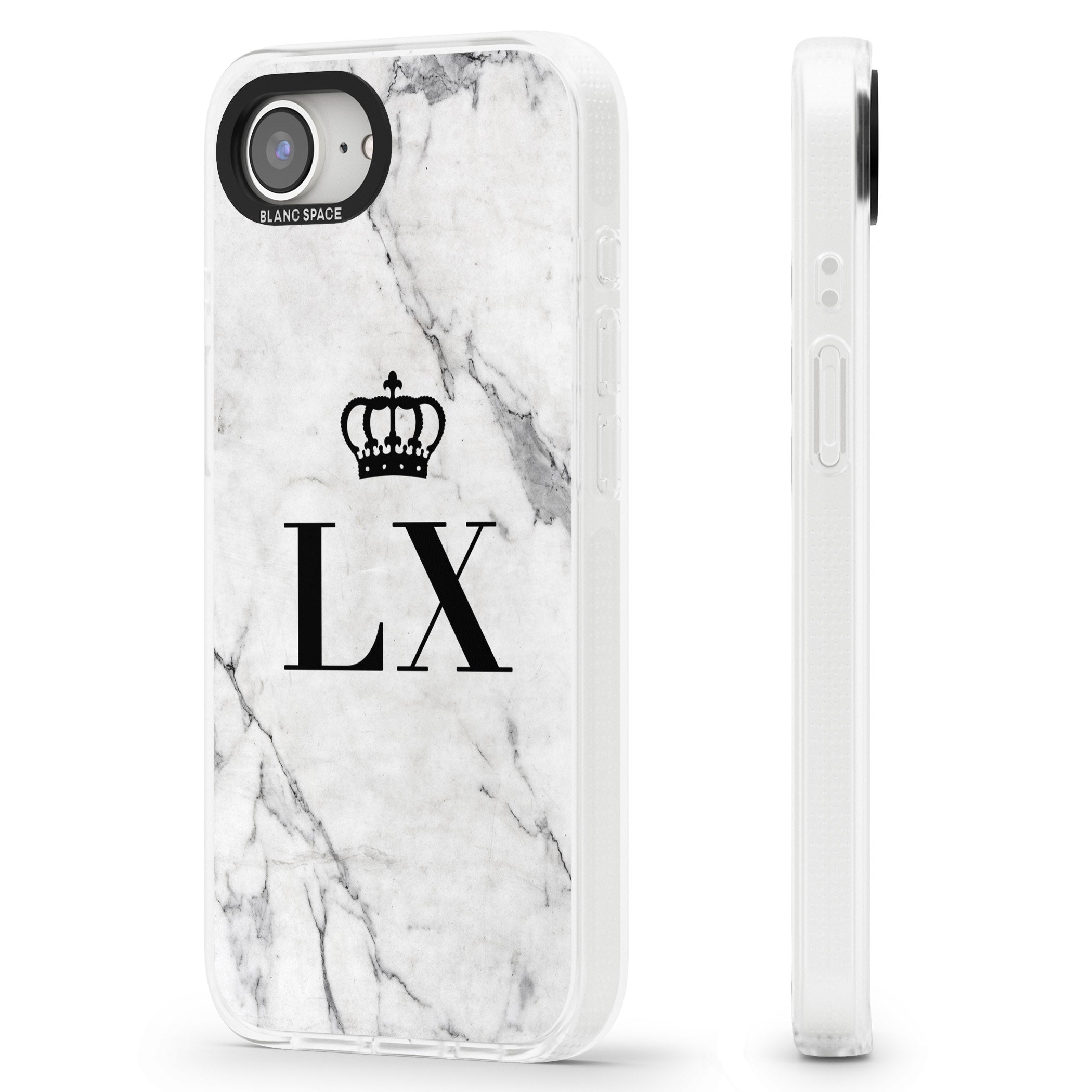 Personalised Initials with Crown on White Marble iPhone 16e Clear Case Impact Air - Blanc Space