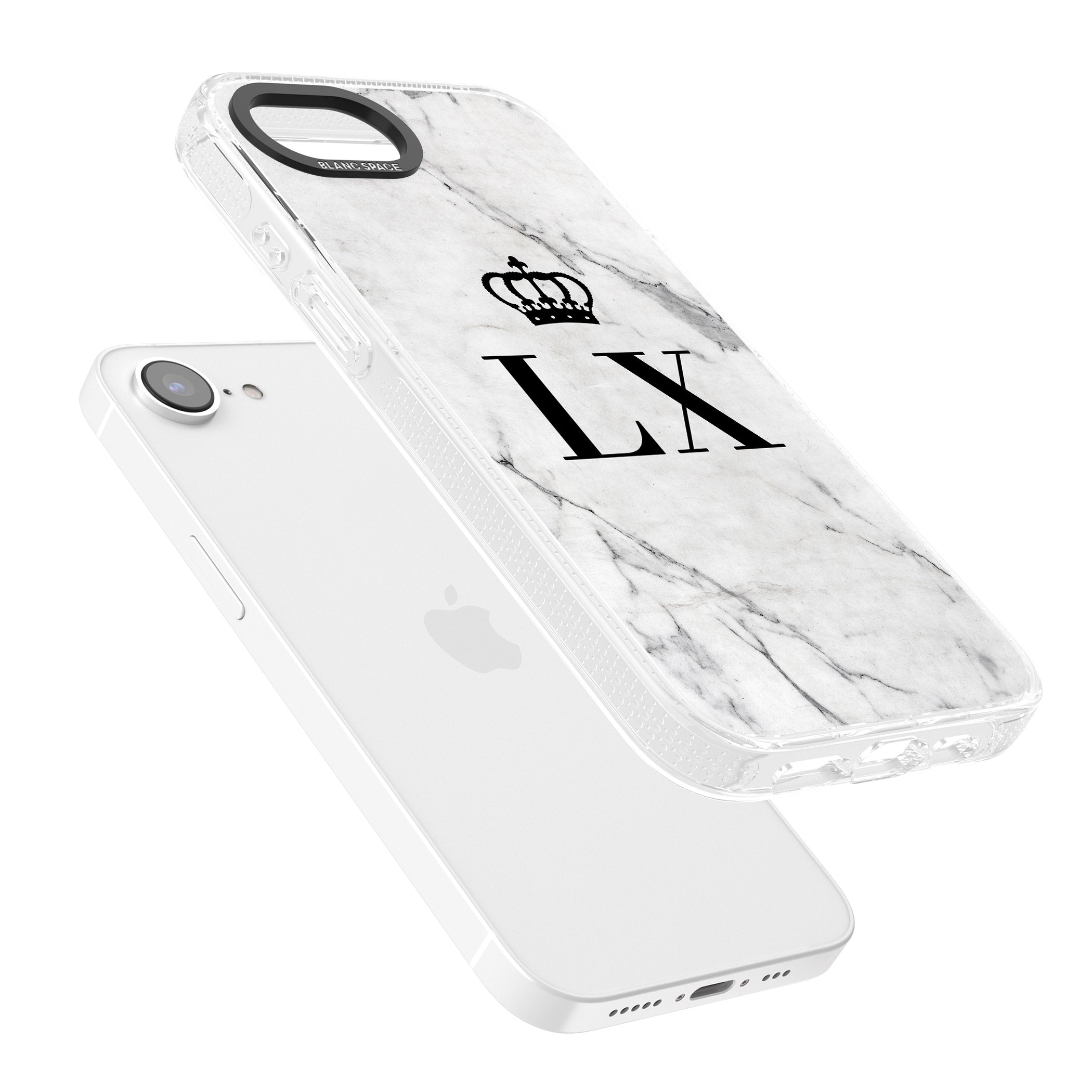 Personalised Initials with Crown on White Marble iPhone 16e Clear Case Impact Air - Blanc Space