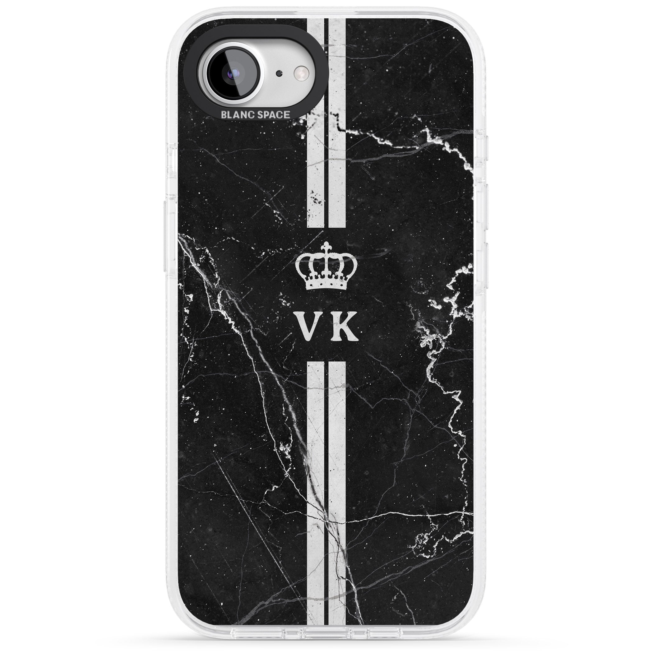 Personalised Stripes + Initials with Crown on Black Marble iPhone 16e Clear Case Impact Air - Blanc Space